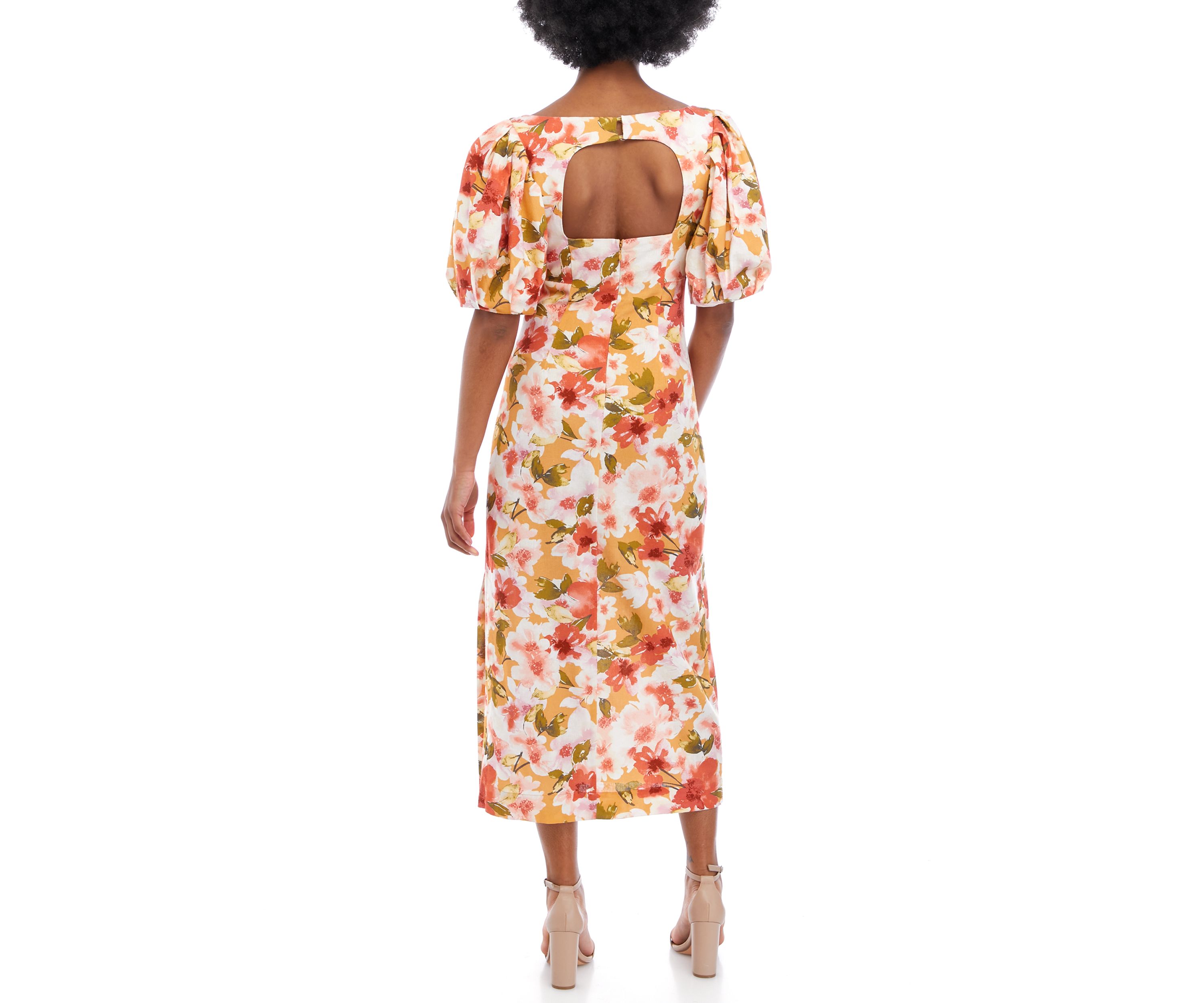 Womens Short Puff Sleeve Square Neck Printed Midi Dress