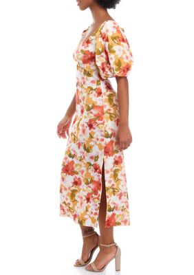 Women's Short Puff Sleeve Square Neck Printed Midi Dress