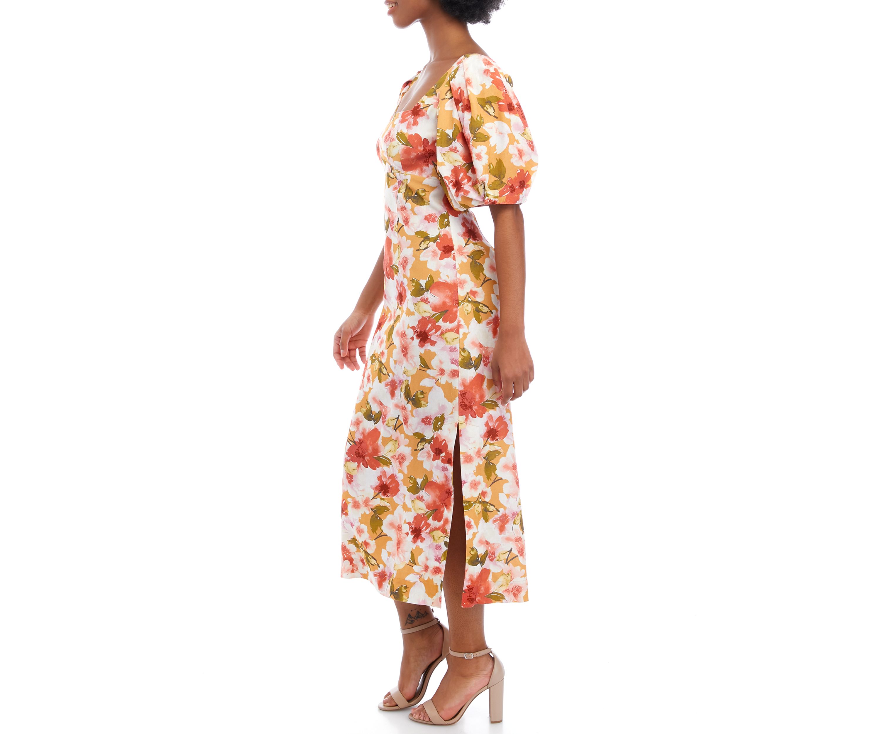 Womens Short Puff Sleeve Square Neck Printed Midi Dress