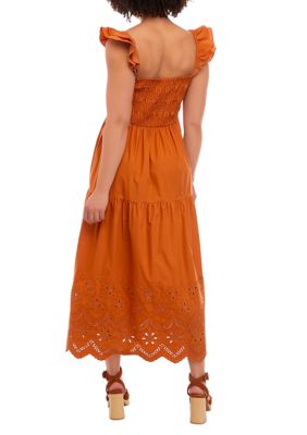 Aerie EYELET SMOCKED TIERED MIDI DRESS LINED @ Best Price Online