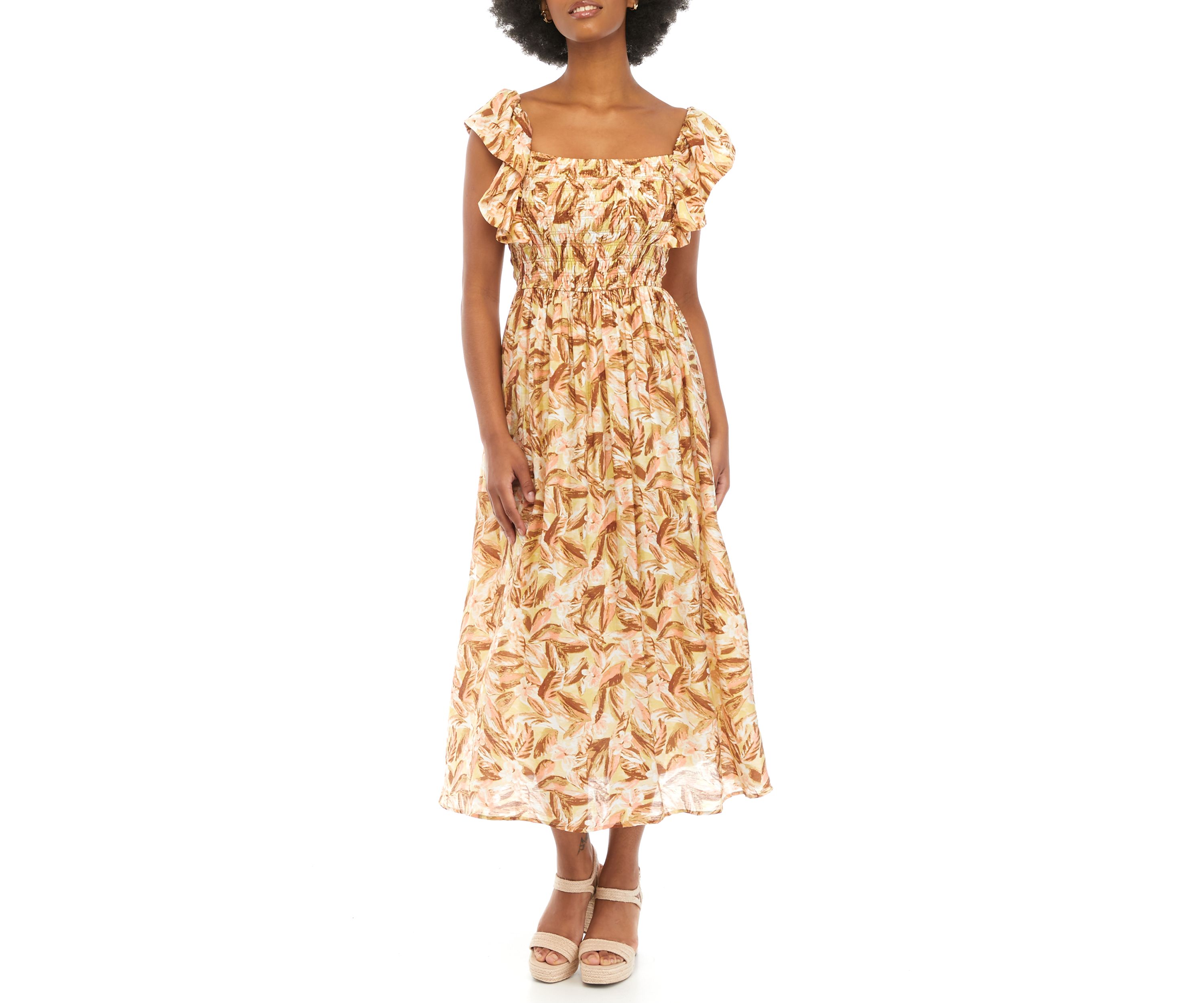Womens Printed Smocked Bodice Dress