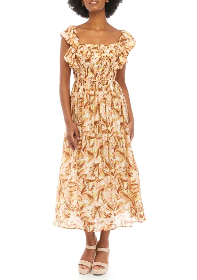 Womens Printed Smocked Bodice Dress