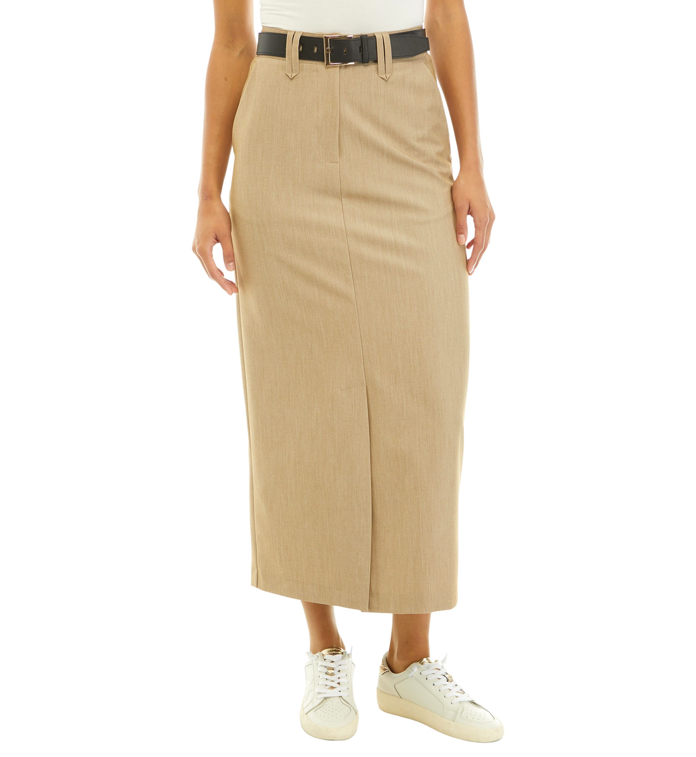 Womens Straight Fit Front Slit Midi Skirt with Belt