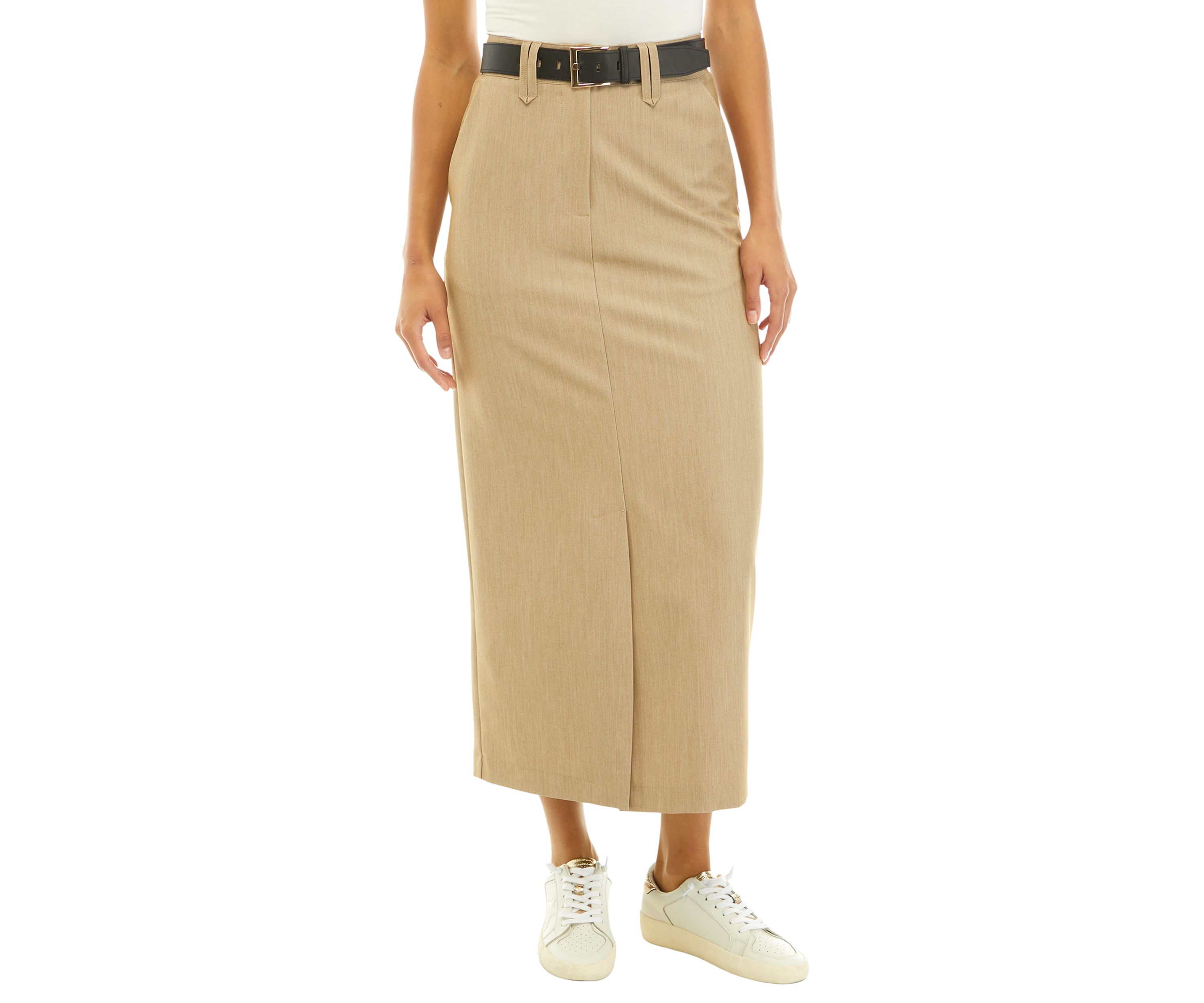 Womens Straight Fit Front Slit Midi Skirt with Belt