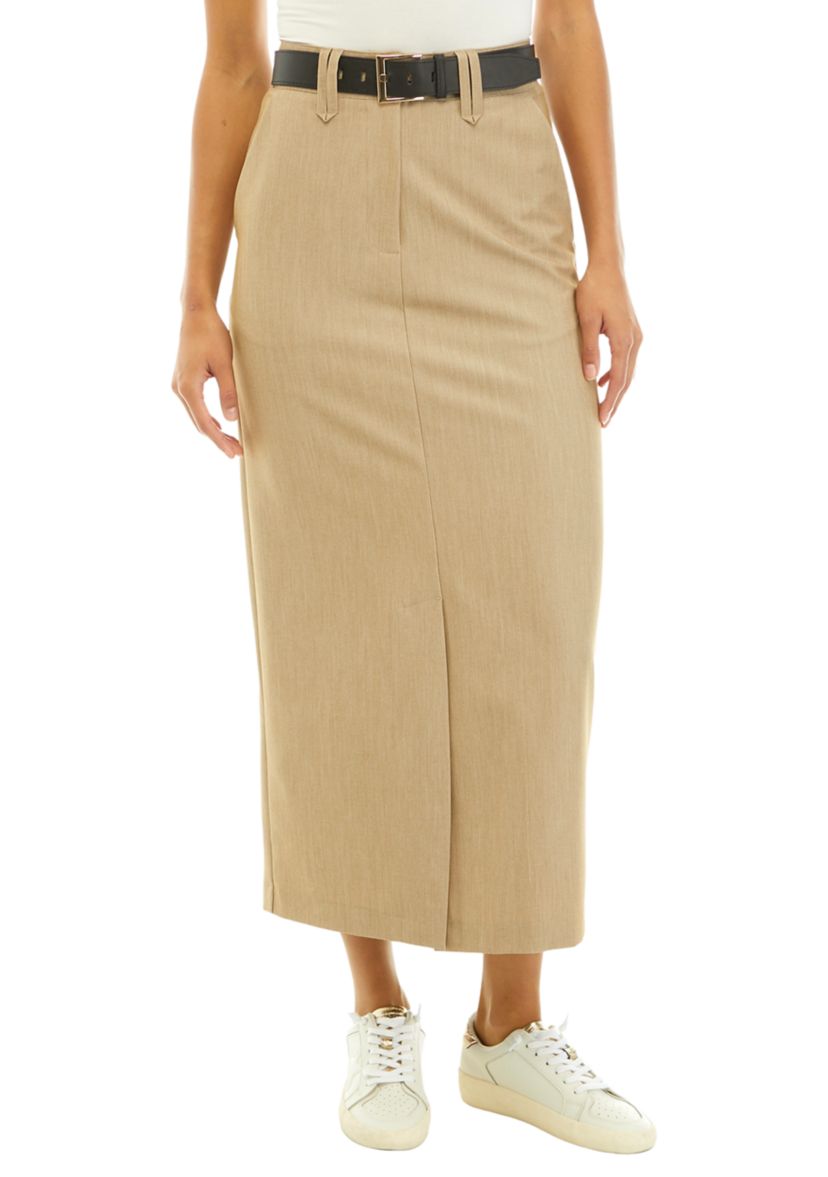 Womens Straight Fit Front Slit Midi Skirt with Belt