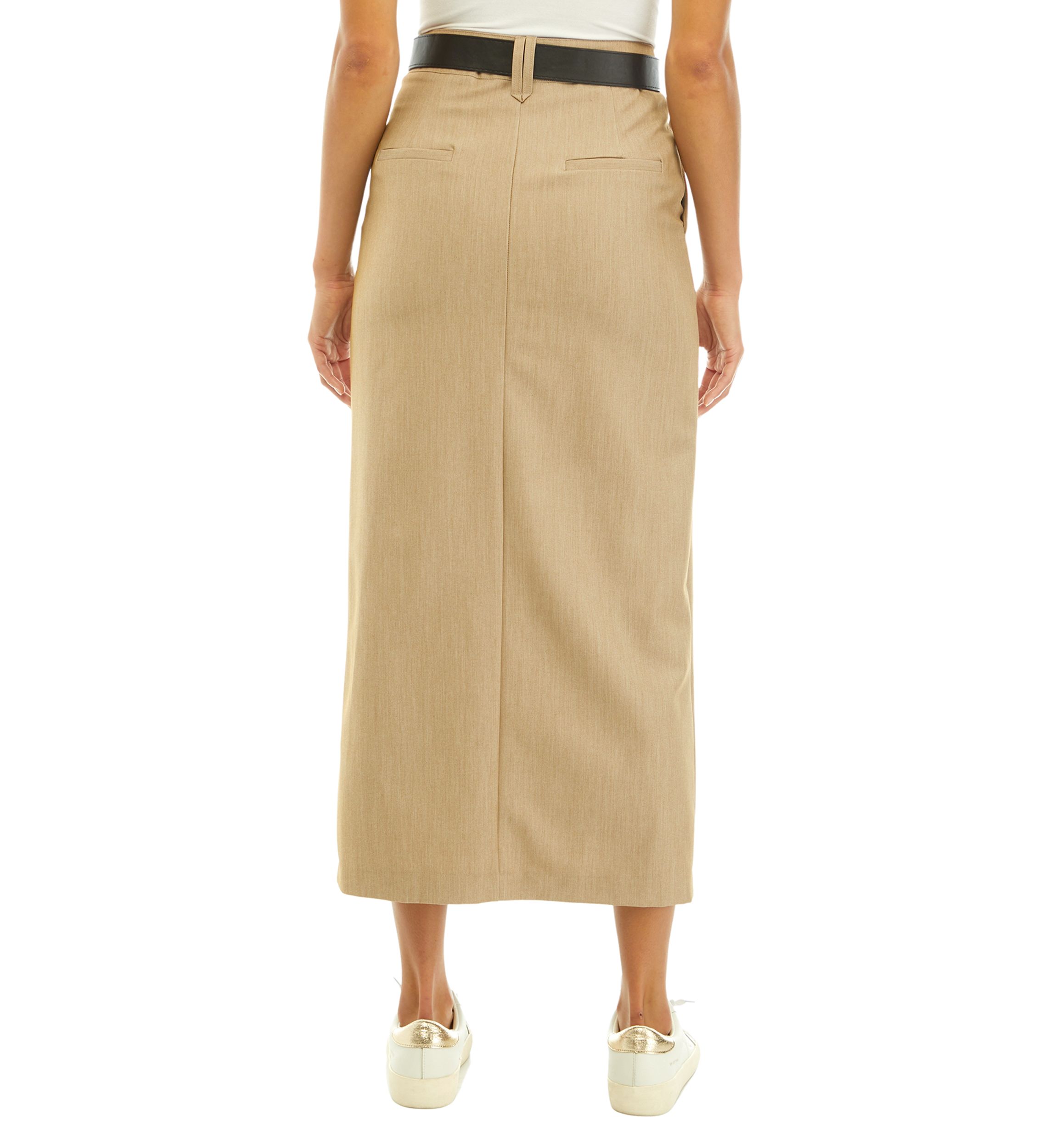 Womens Straight Fit Front Slit Midi Skirt with Belt