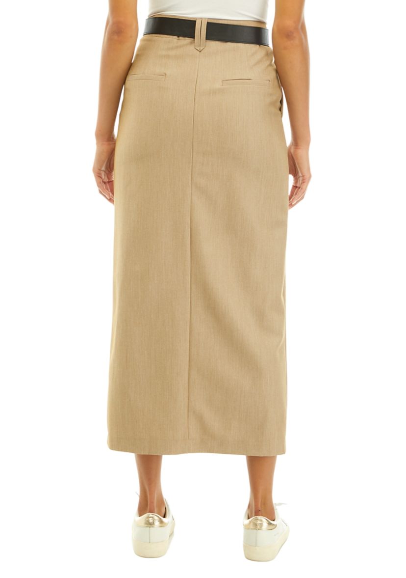 Womens Straight Fit Front Slit Midi Skirt with Belt