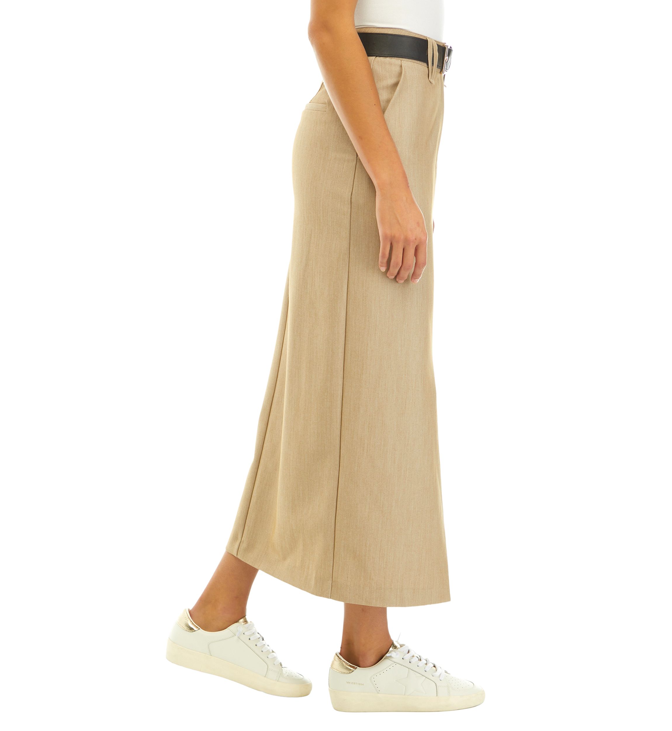 Womens Straight Fit Front Slit Midi Skirt with Belt