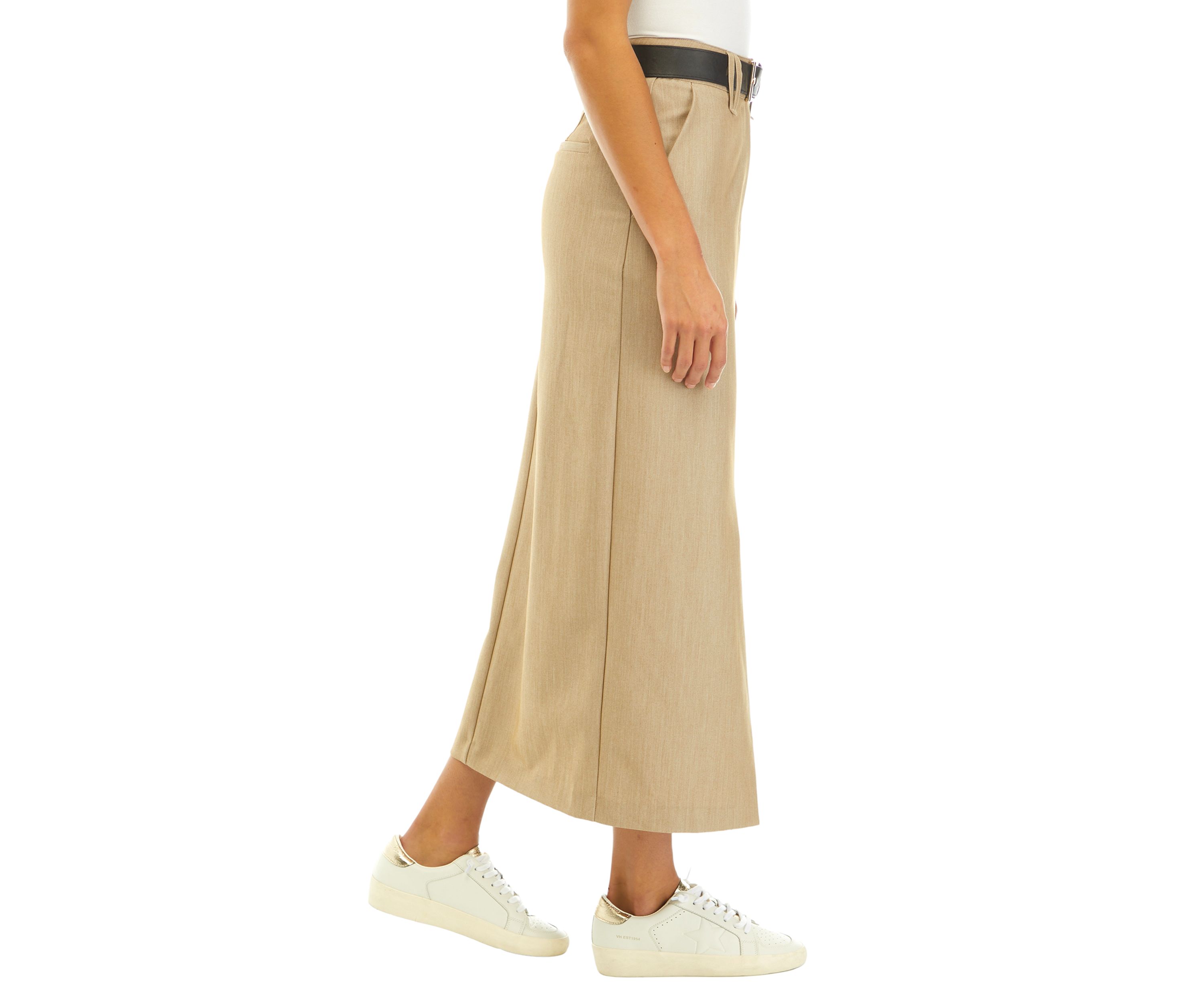 Womens Straight Fit Front Slit Midi Skirt with Belt