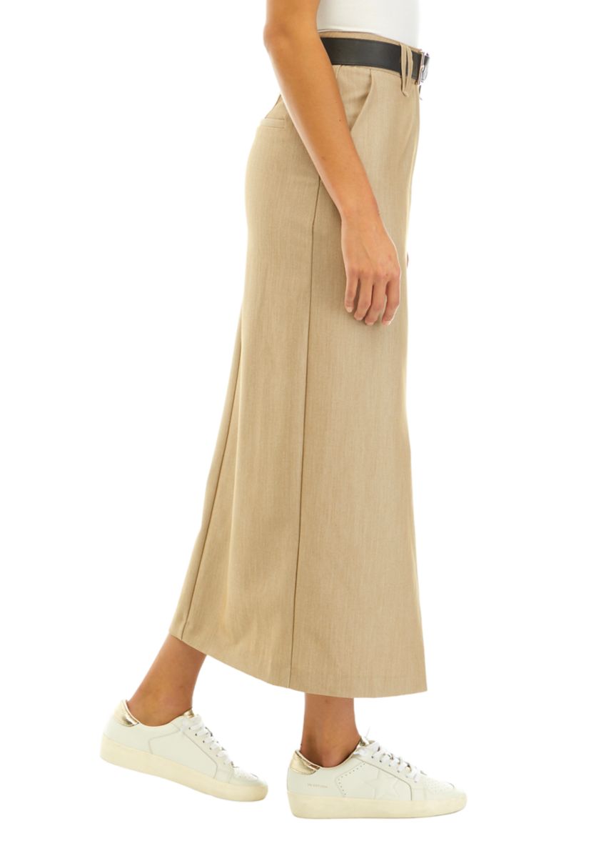 Womens Straight Fit Front Slit Midi Skirt with Belt