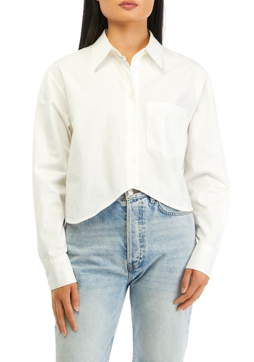 Womens Cropped Woven Button Front Top