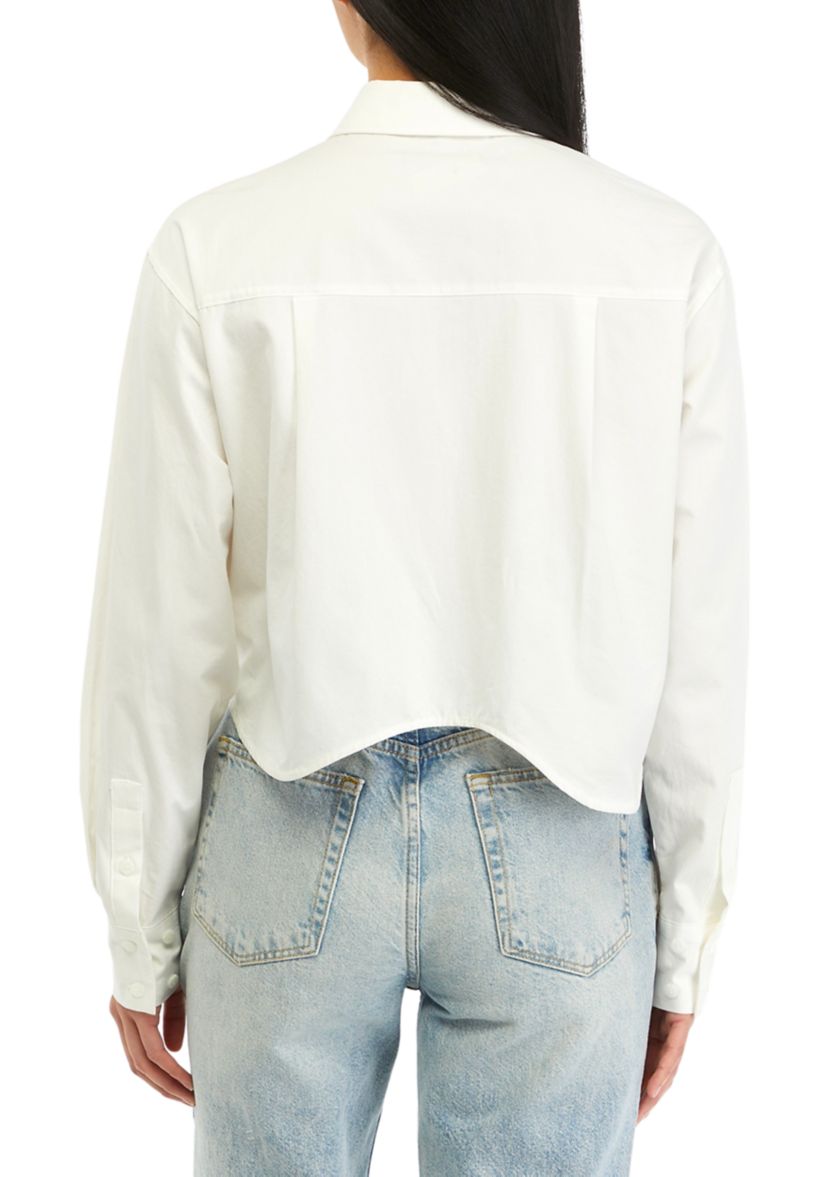 Womens Cropped Woven Button Front Top