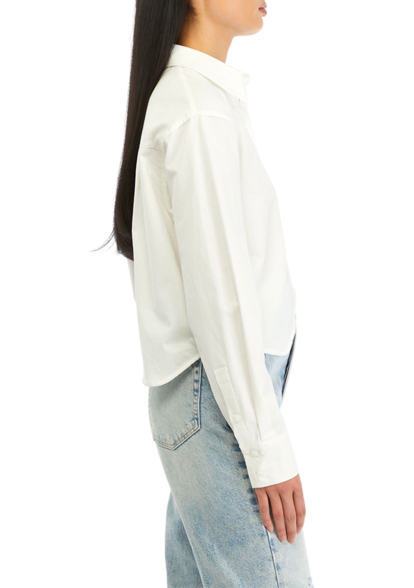 Womens Cropped Woven Button Front Top