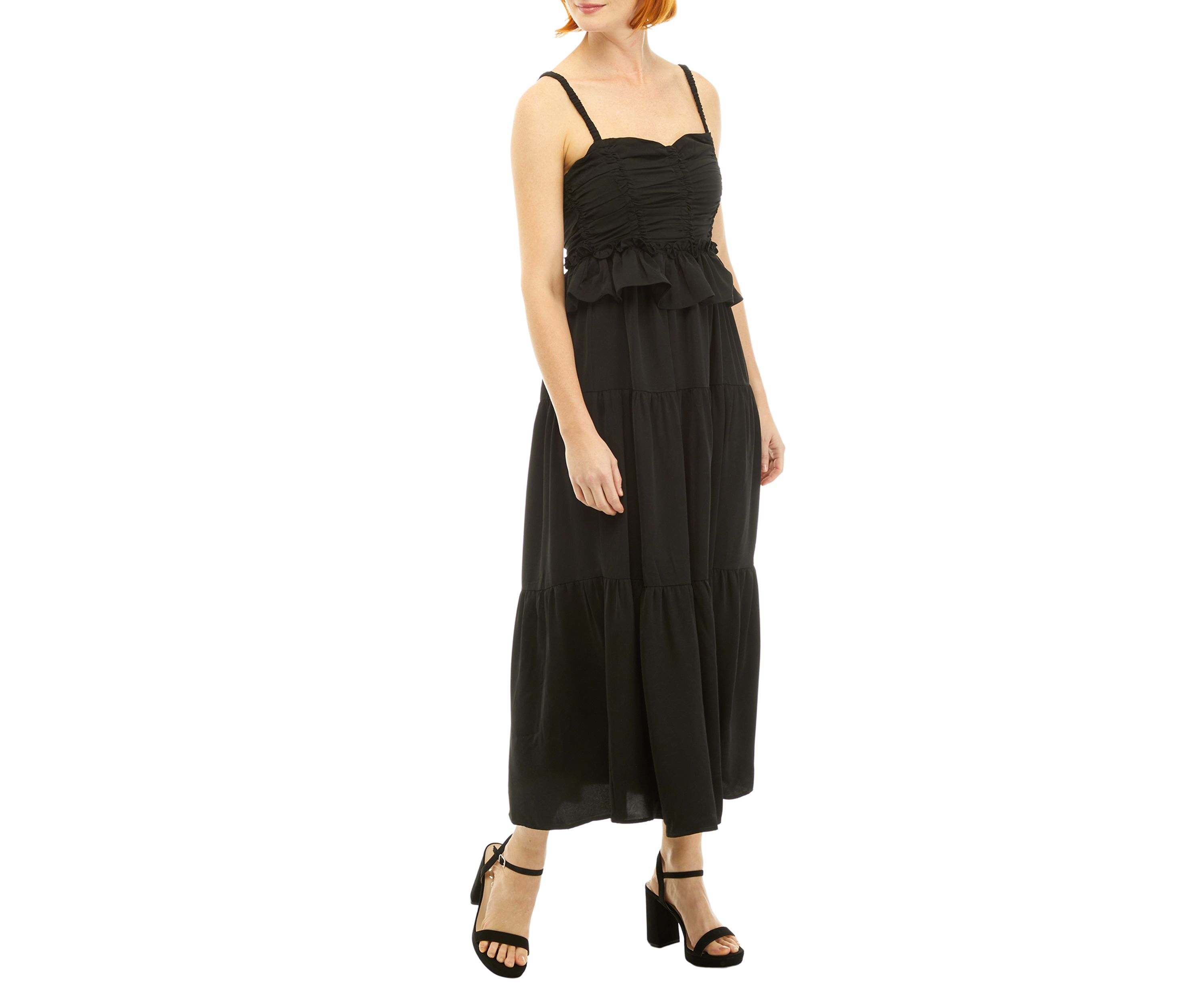 Womens Sleeveless Shirred Tiered Ruffled Midi Dress