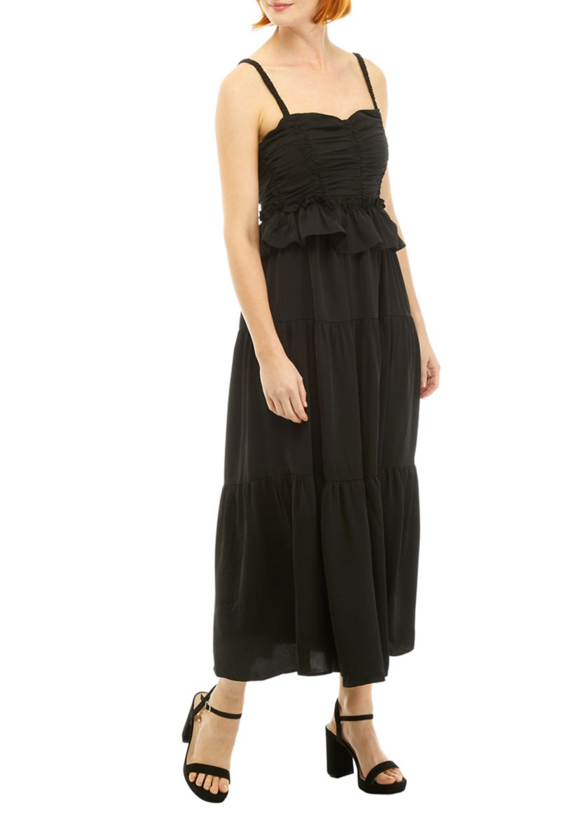 Womens Sleeveless Shirred Tiered Ruffled Midi Dress