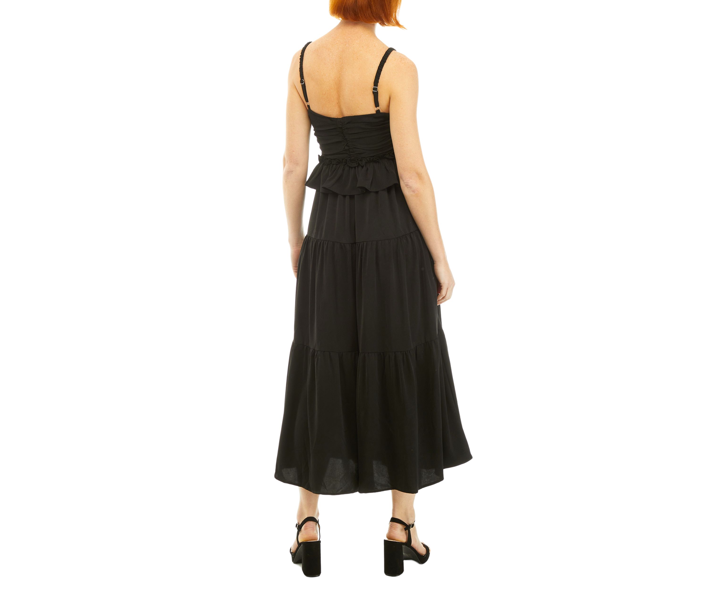 Womens Sleeveless Shirred Tiered Ruffled Midi Dress