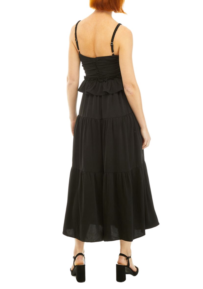Womens Sleeveless Shirred Tiered Ruffled Midi Dress