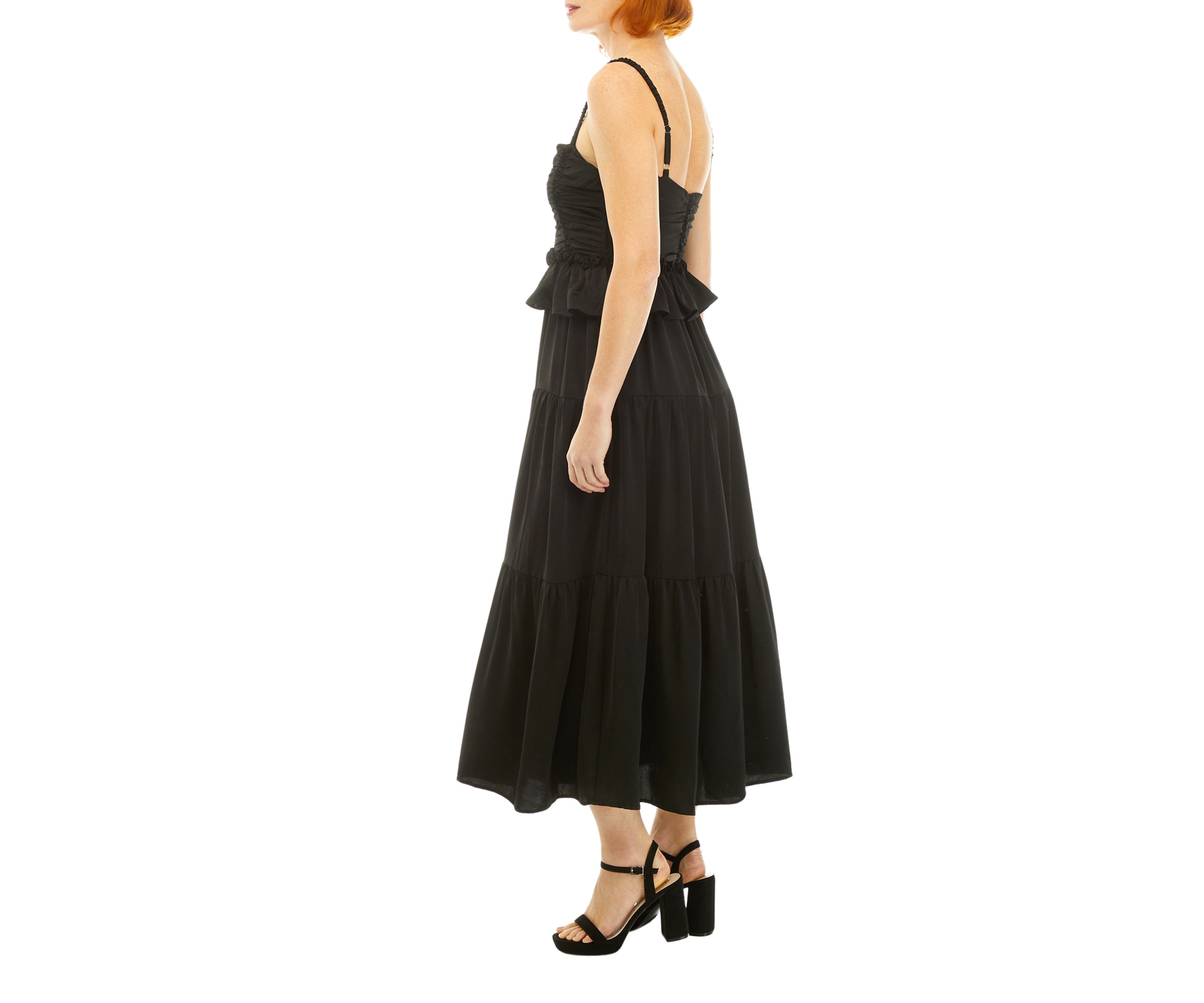 Womens Sleeveless Shirred Tiered Ruffled Midi Dress