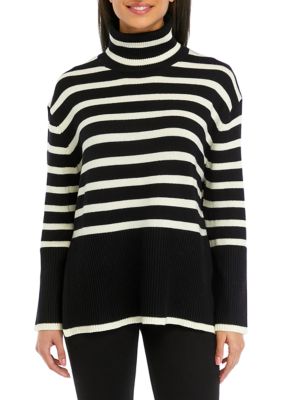 MOON RIVER Women's Striped Turtleneck Long Sleeve Knitted Sweater, Black, Small