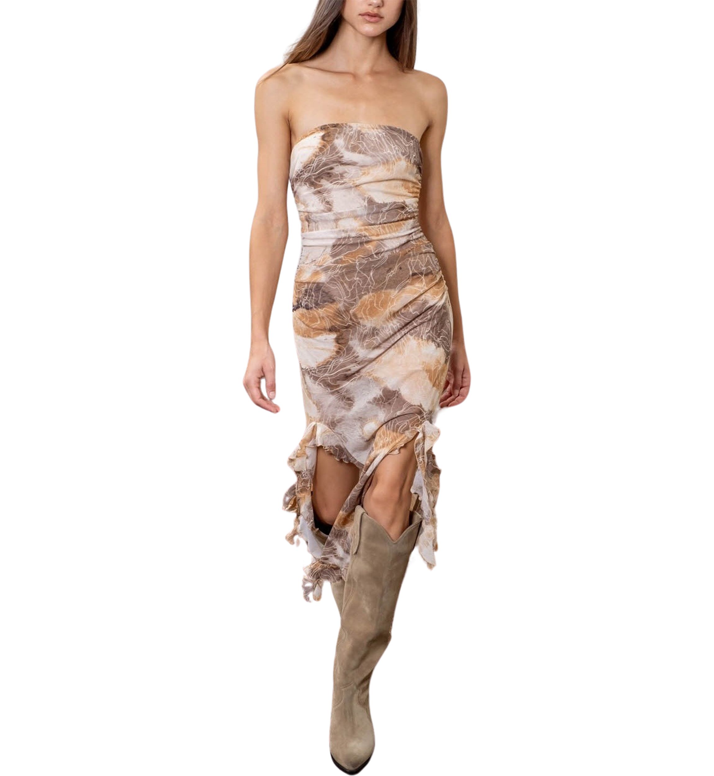 Womens Strapless Ruched Midi Dress