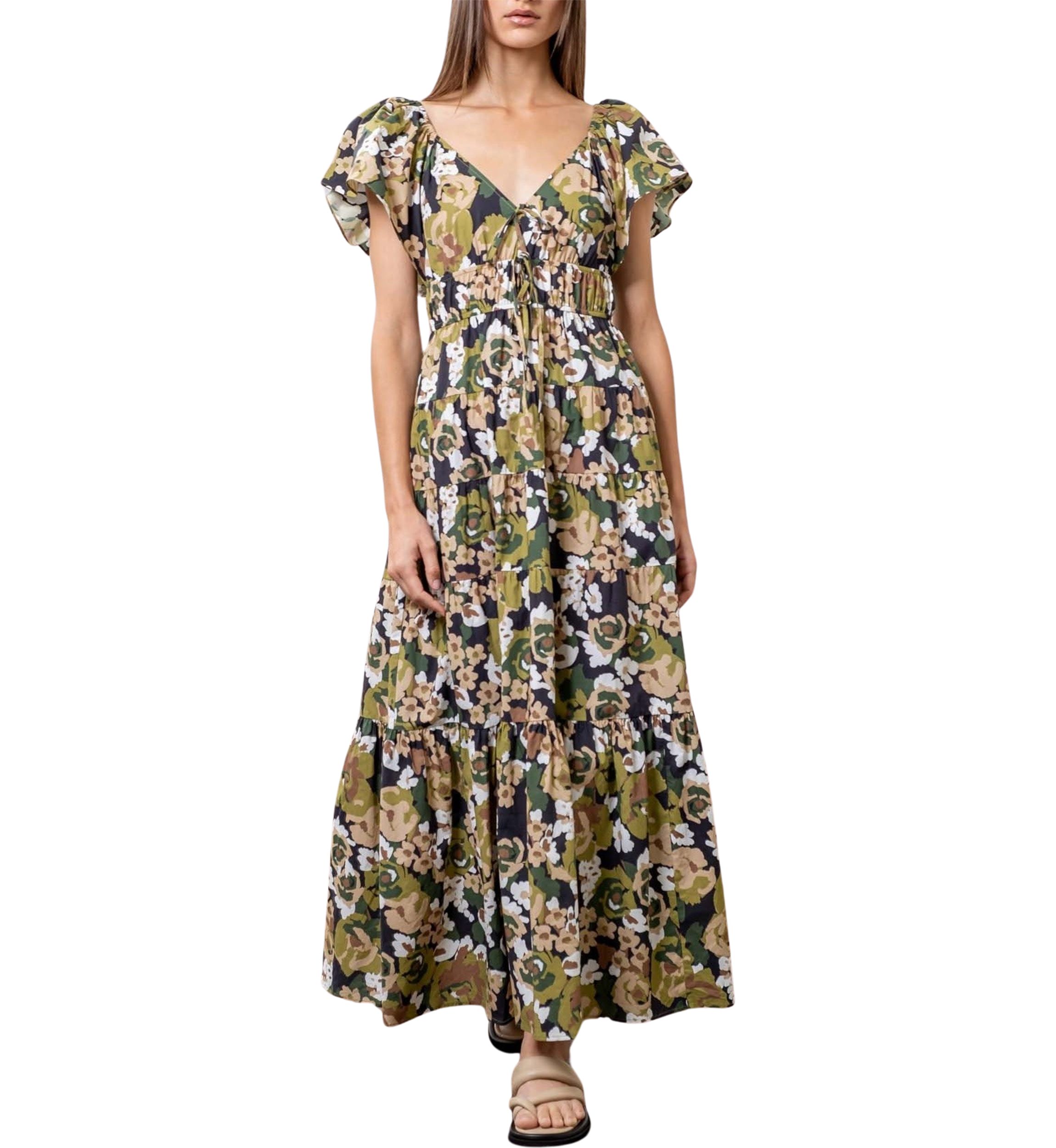 Womens Floral Printed V-Neck Shirred Front Midi Dress