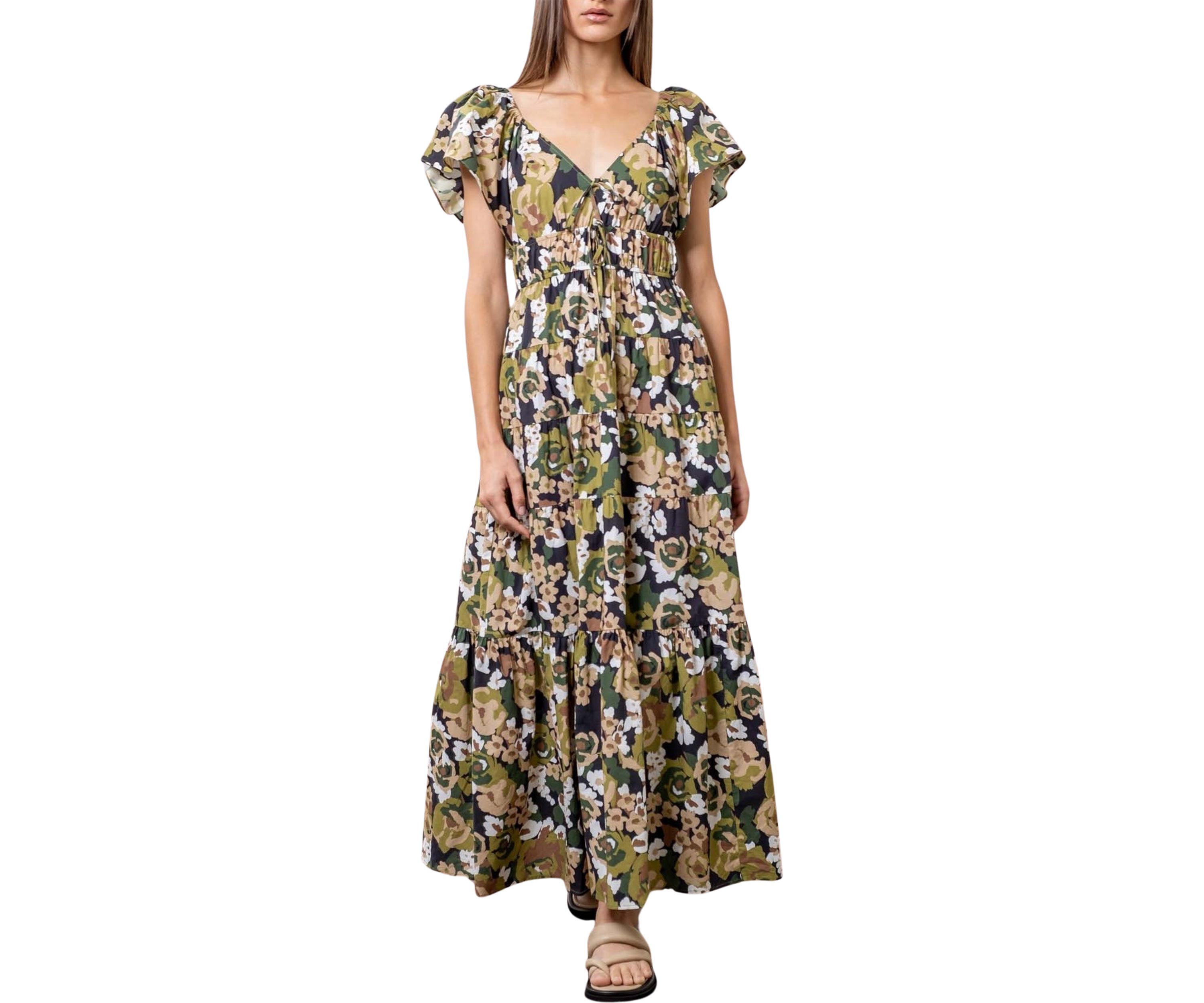 Womens Floral Printed V-Neck Shirred Front Midi Dress