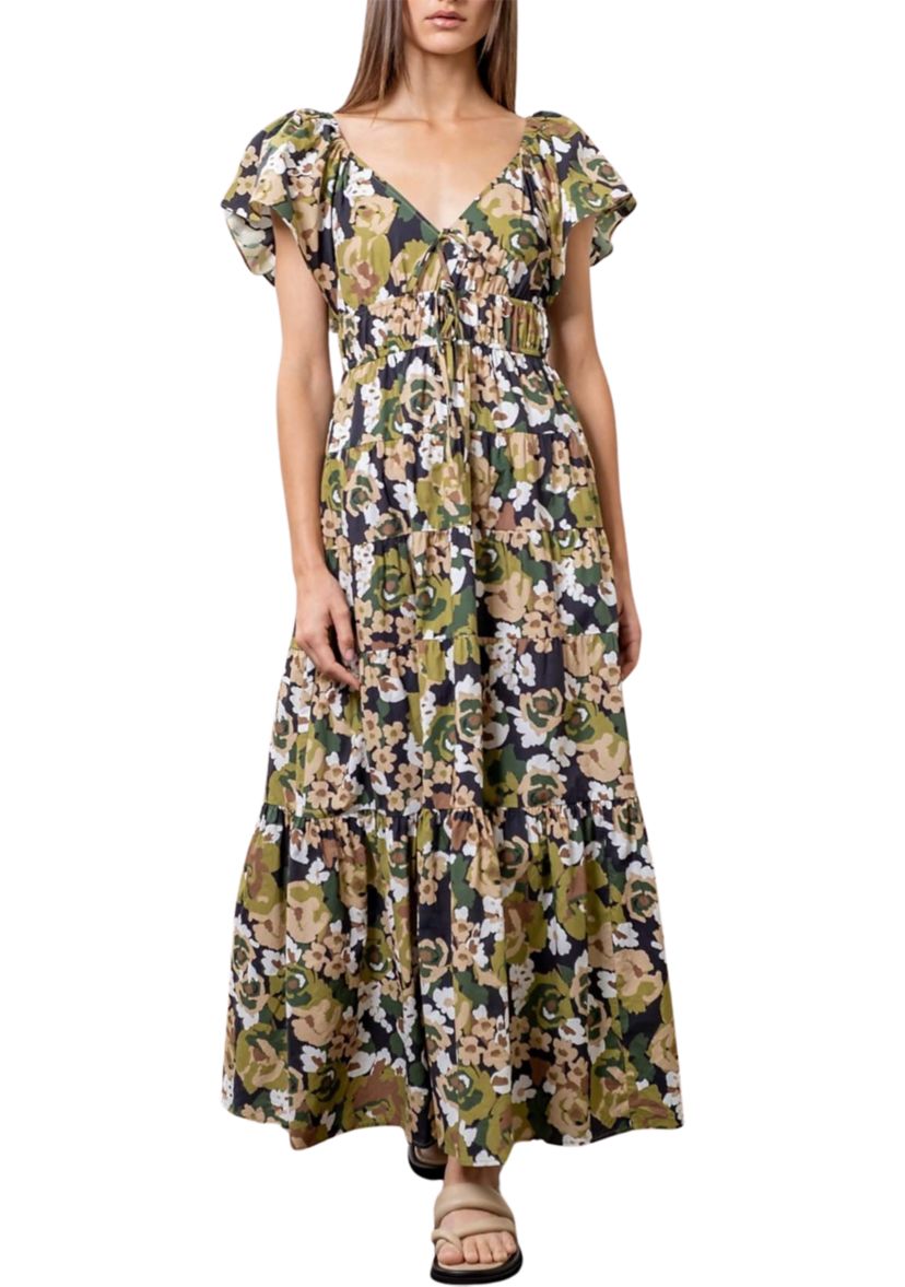 Womens Floral Printed V-Neck Shirred Front Midi Dress