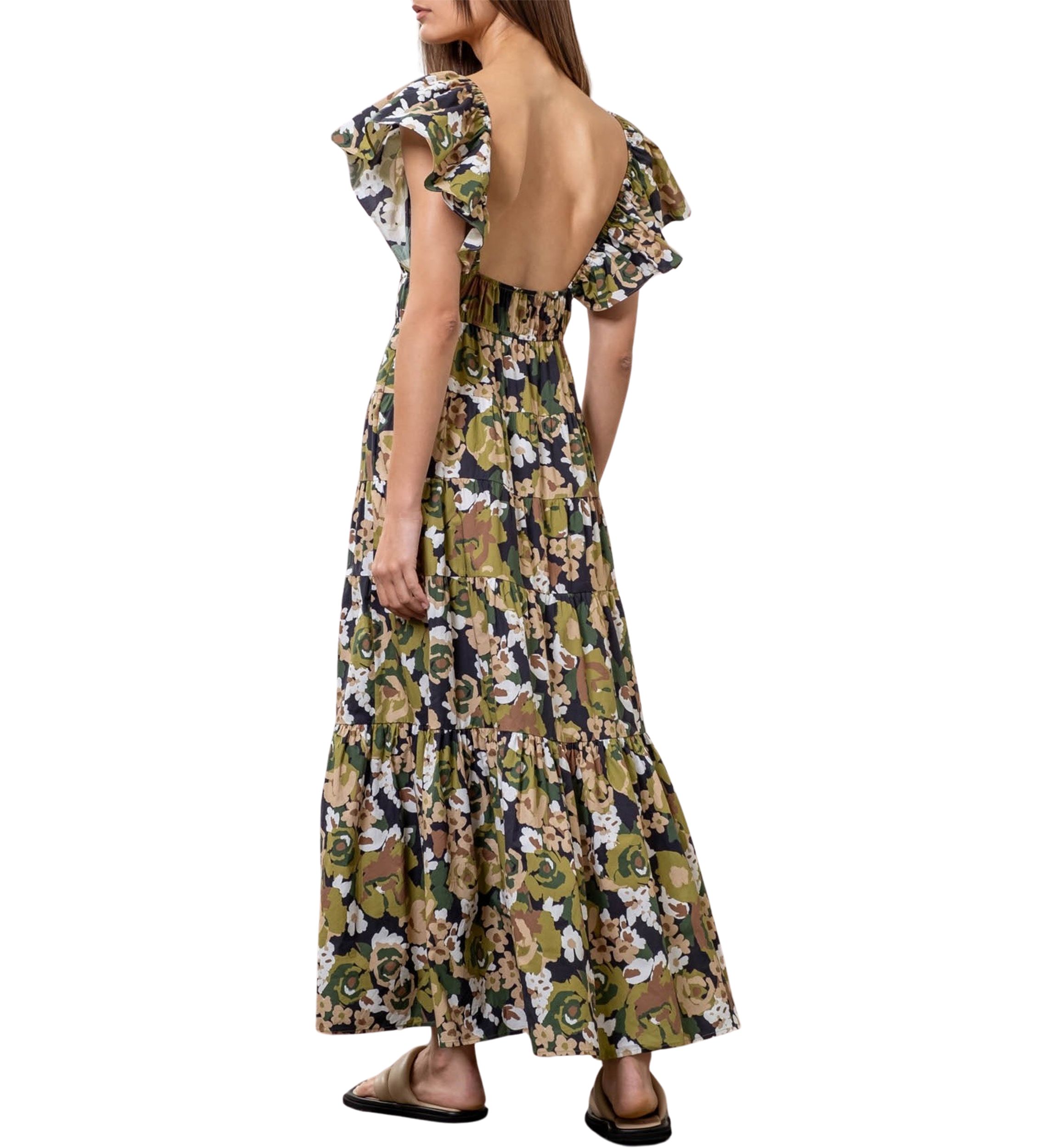 Womens Floral Printed V-Neck Shirred Front Midi Dress
