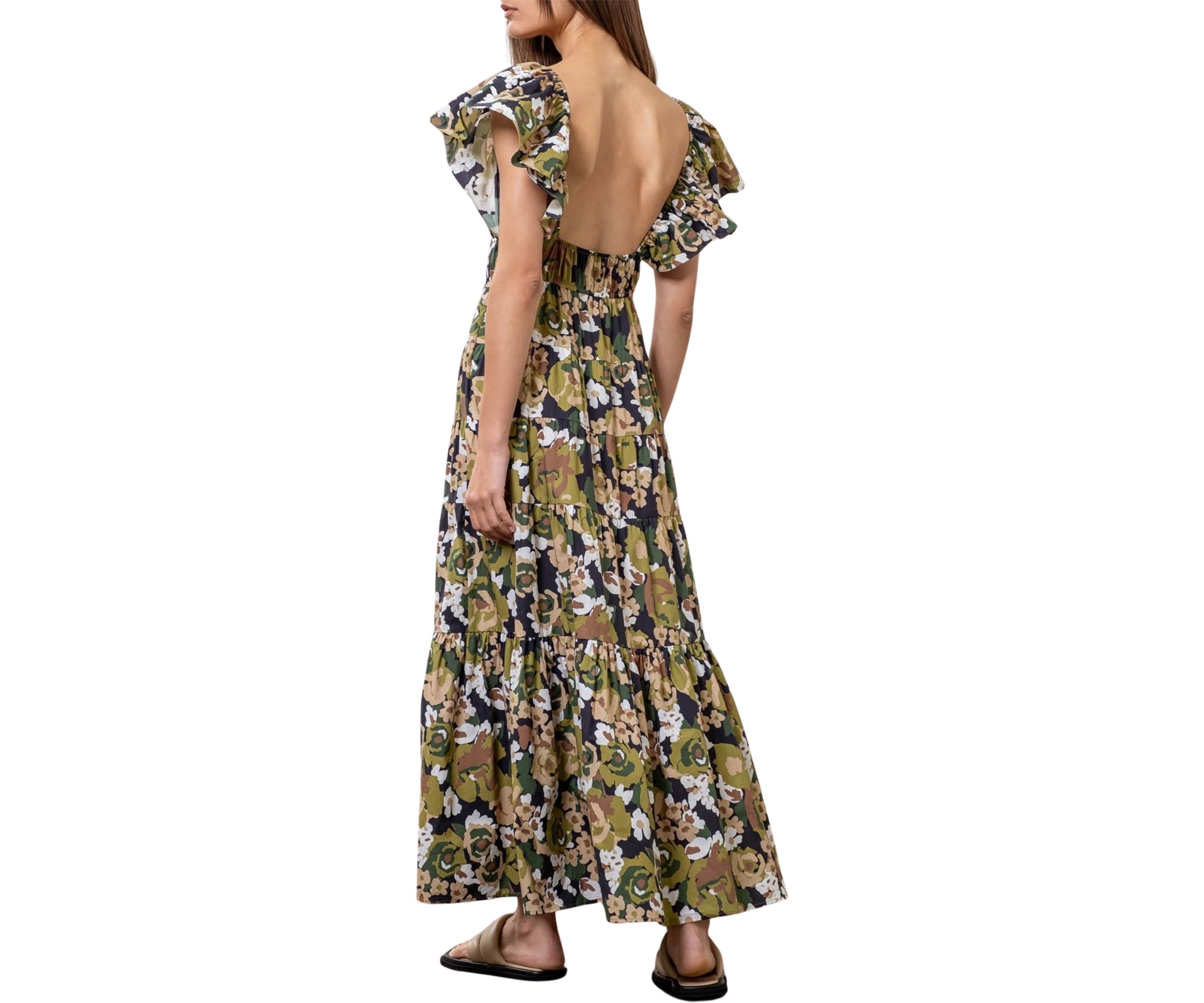 Womens Floral Printed V-Neck Shirred Front Midi Dress