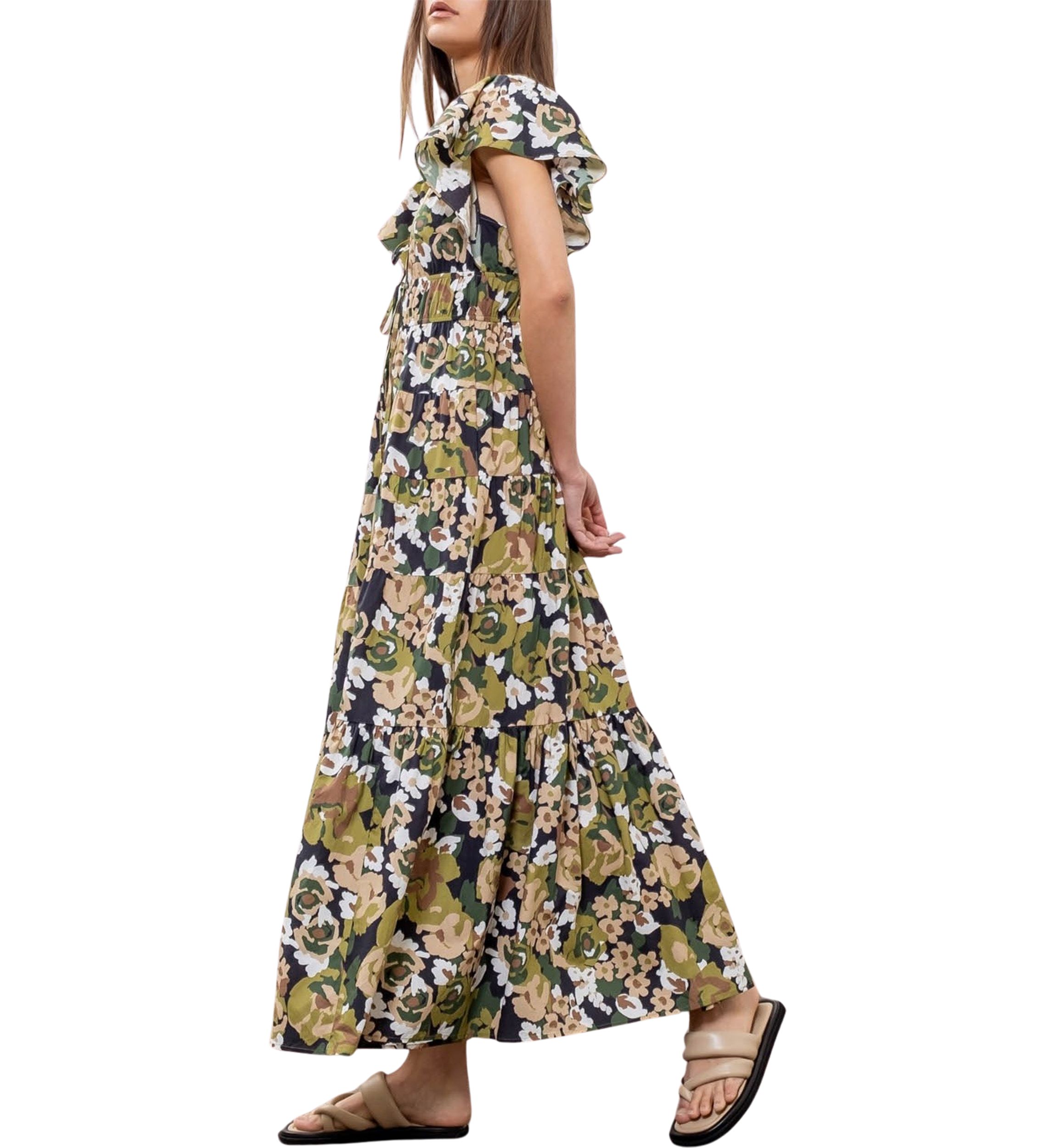 Womens Floral Printed V-Neck Shirred Front Midi Dress
