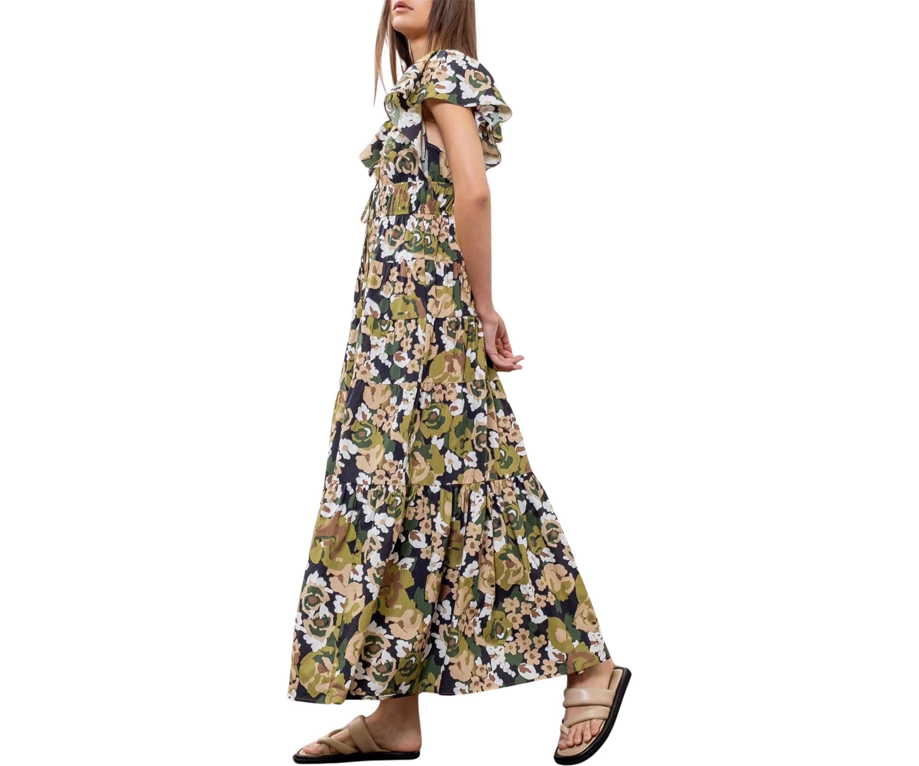 Womens Floral Printed V-Neck Shirred Front Midi Dress