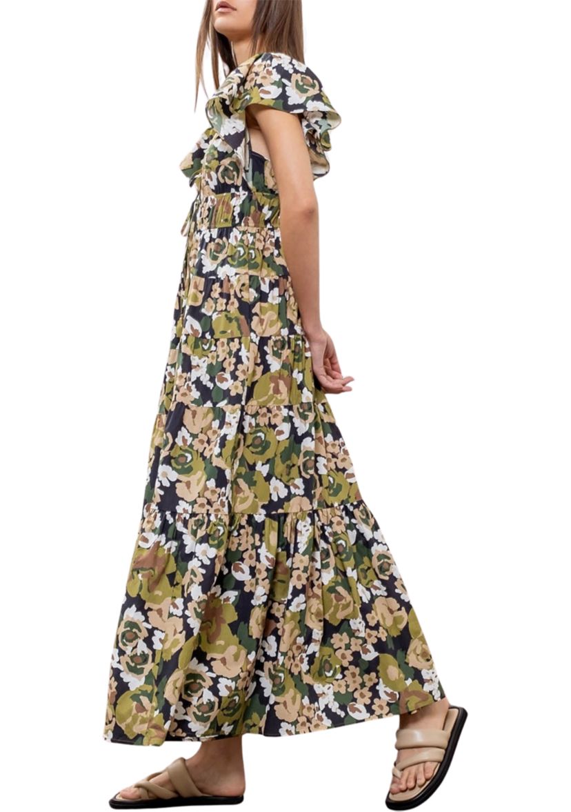 Womens Floral Printed V-Neck Shirred Front Midi Dress