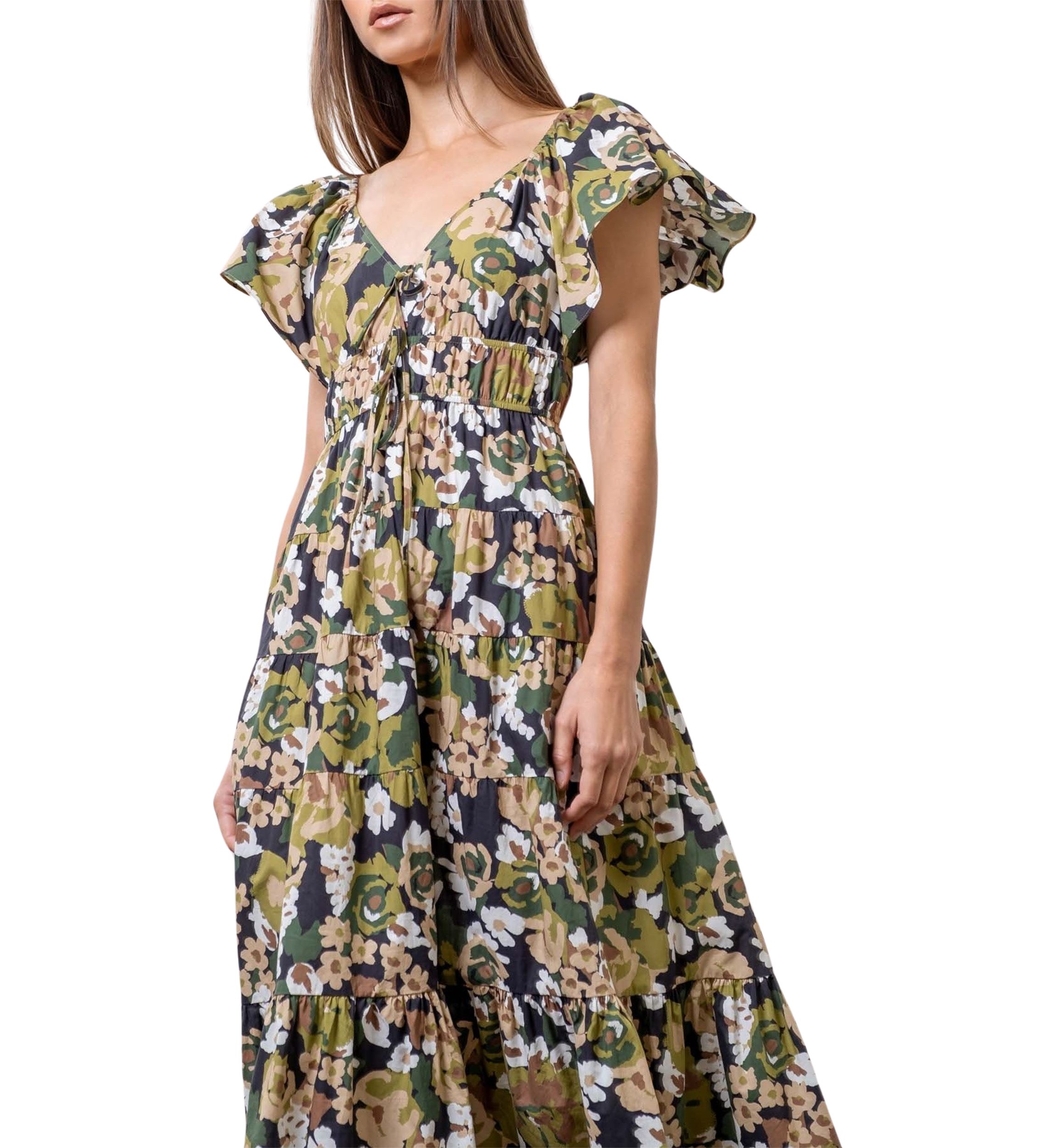 Womens Floral Printed V-Neck Shirred Front Midi Dress