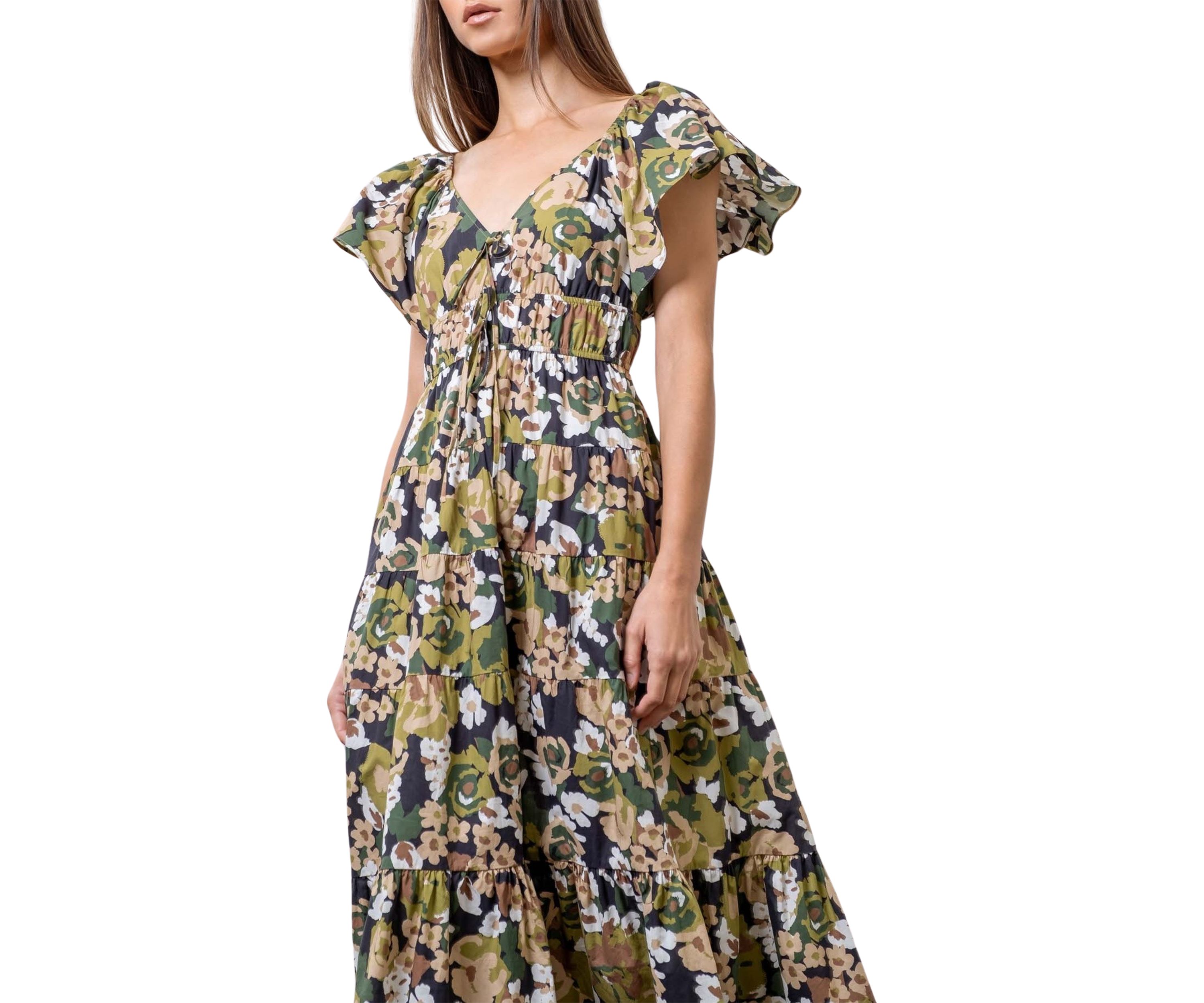 Womens Floral Printed V-Neck Shirred Front Midi Dress