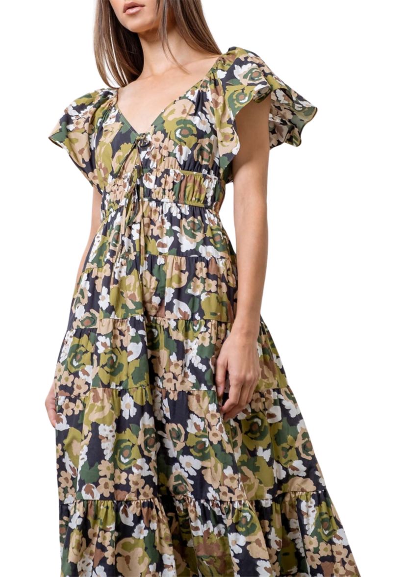 Womens Floral Printed V-Neck Shirred Front Midi Dress