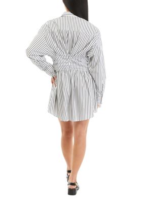Women's Striped Shirred Ruched Shirtdress