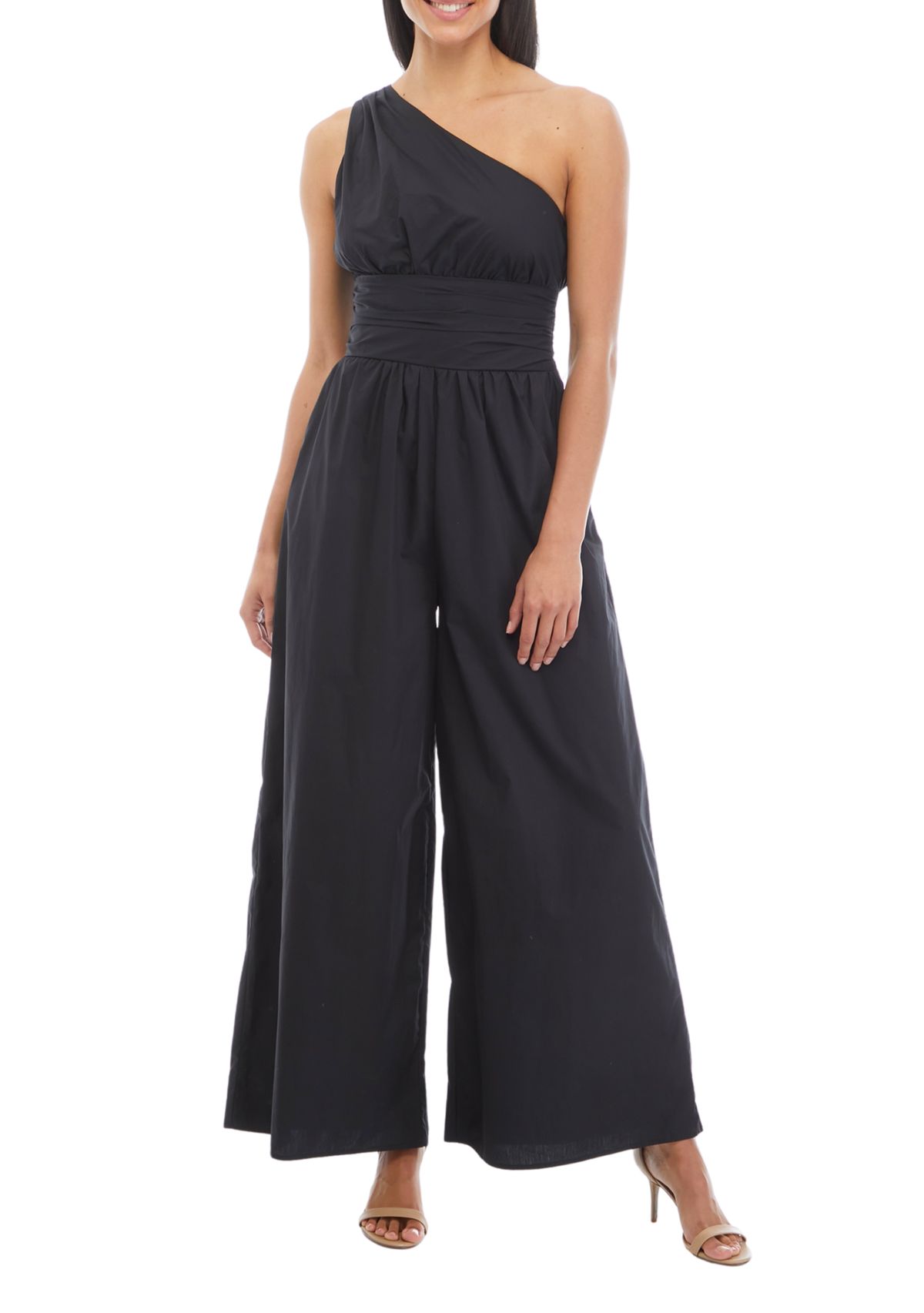 Womens Sleeveless One Shoulder Ruched Waist Jumpsuit