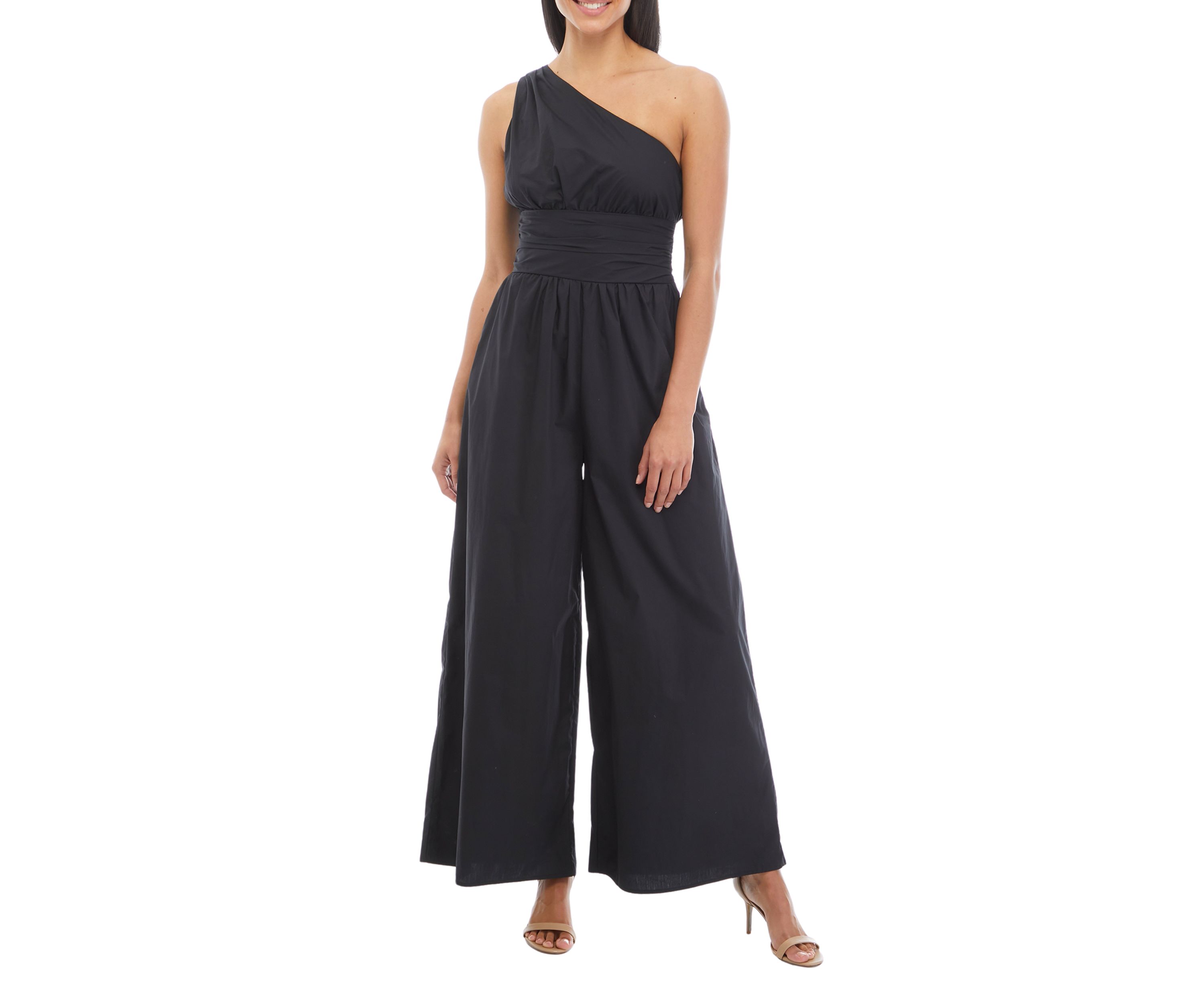 Womens Sleeveless One Shoulder Ruched Waist Jumpsuit