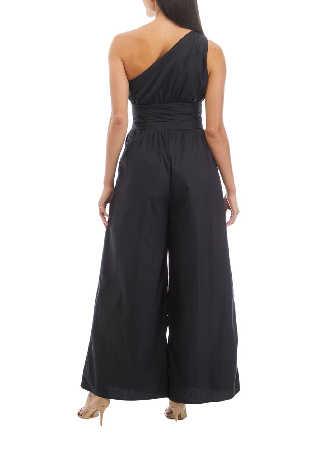 Womens Sleeveless One Shoulder Ruched Waist Jumpsuit