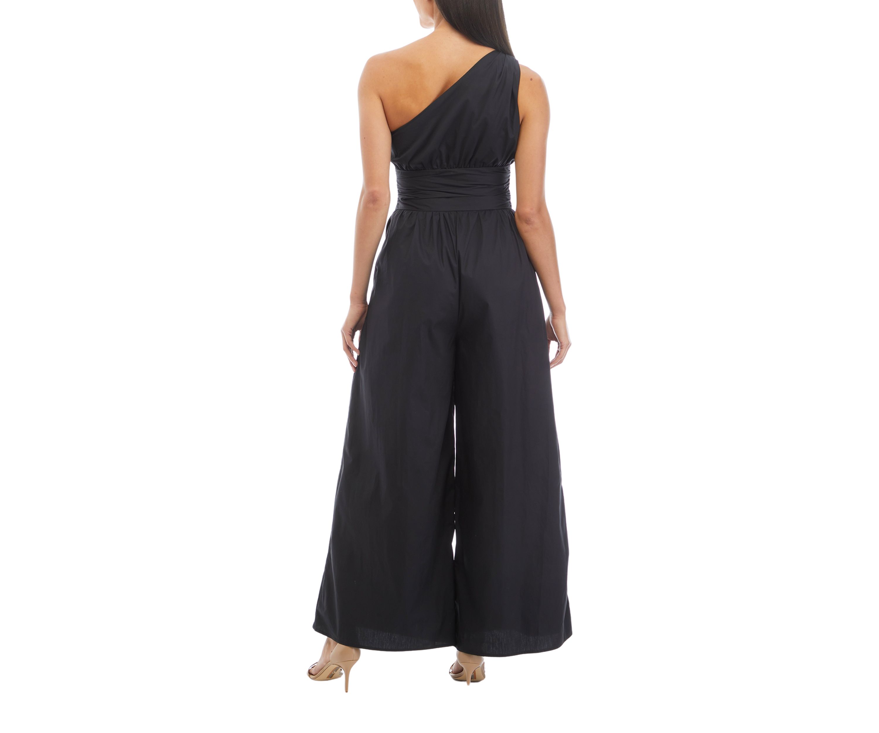 Womens Sleeveless One Shoulder Ruched Waist Jumpsuit