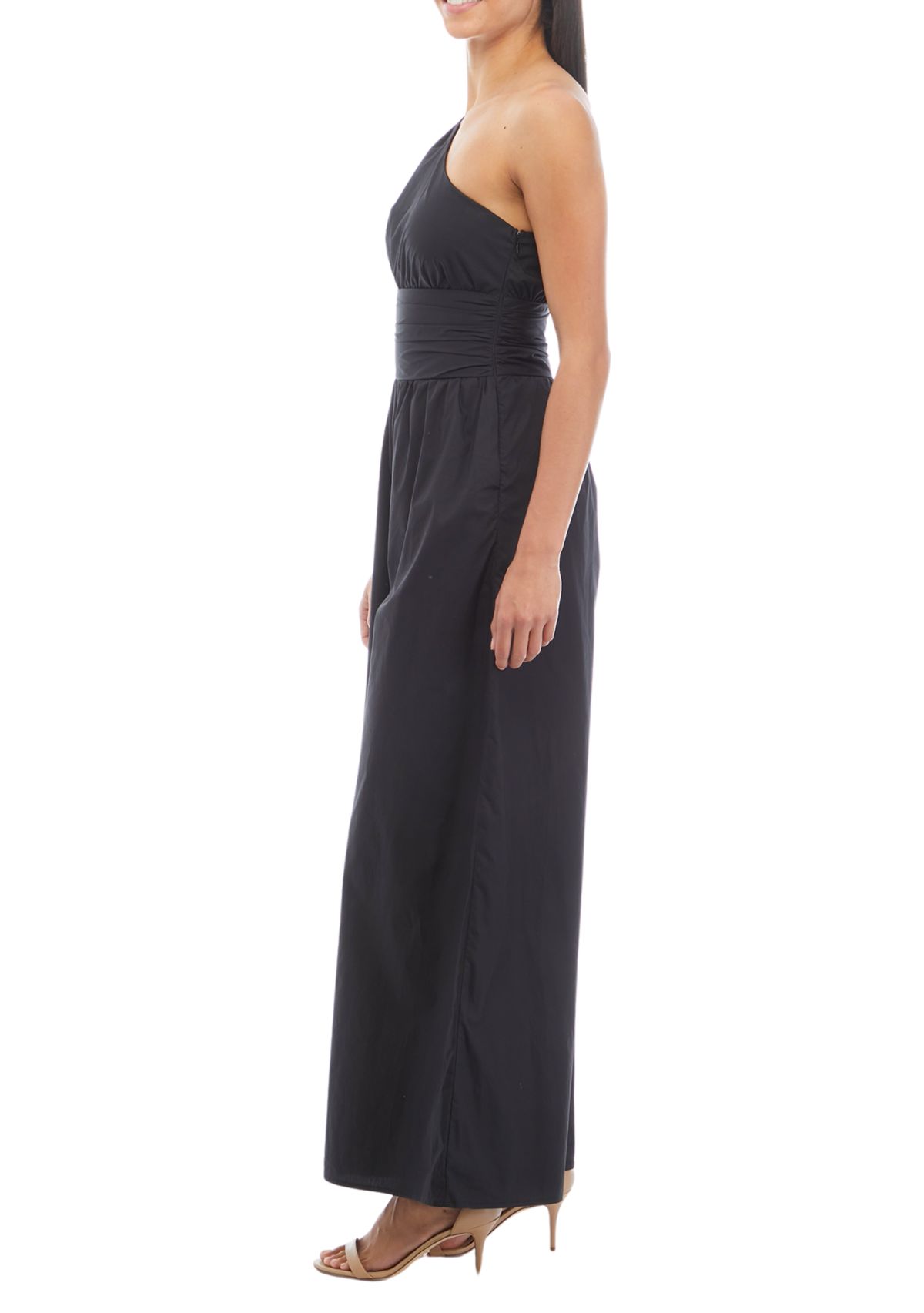 Womens Sleeveless One Shoulder Ruched Waist Jumpsuit