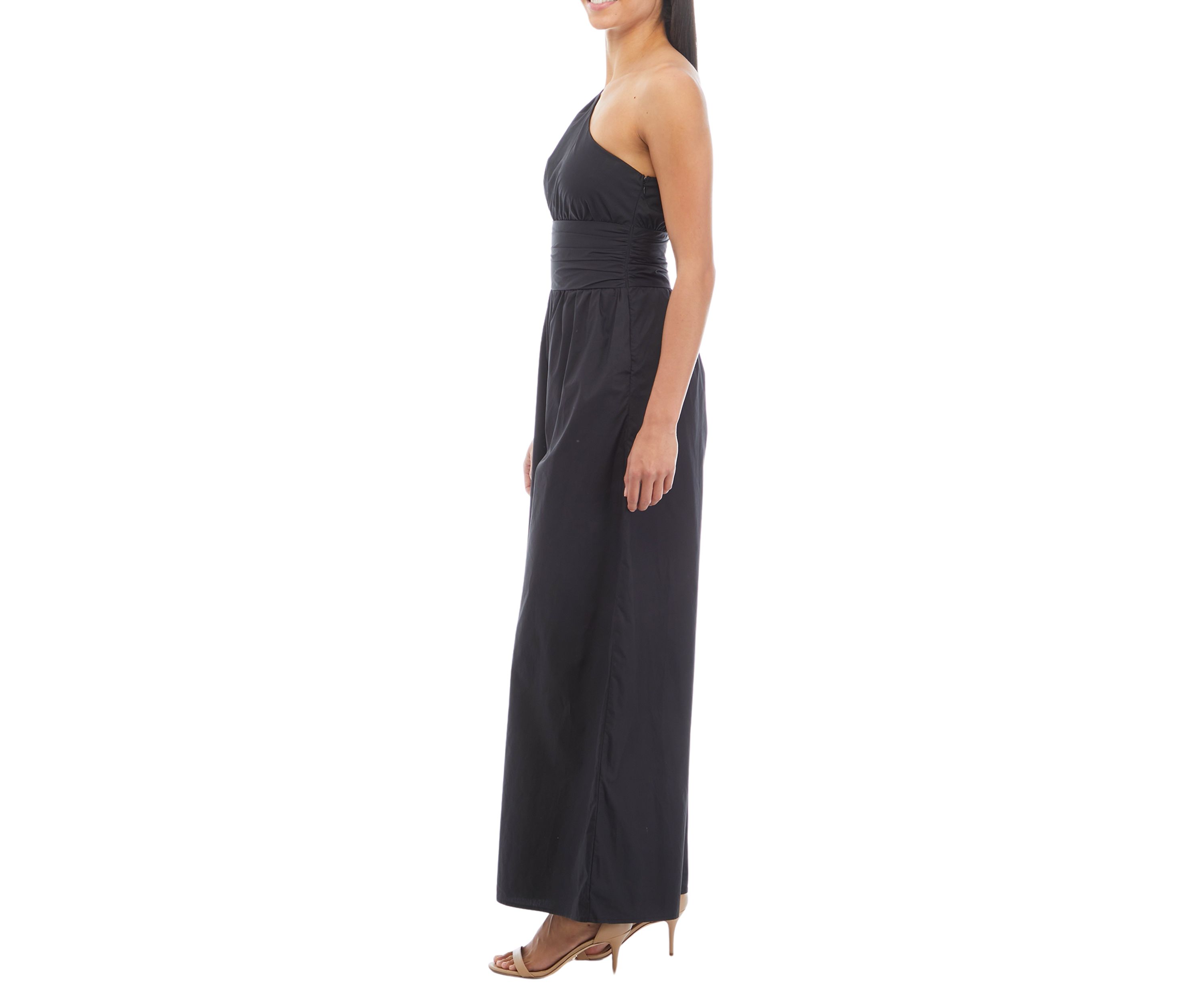 Womens Sleeveless One Shoulder Ruched Waist Jumpsuit