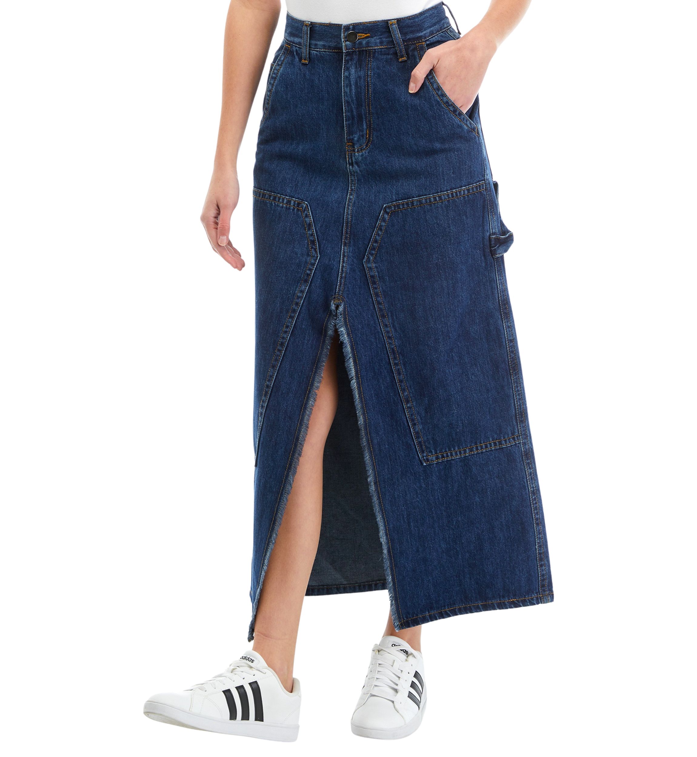 Womens Front Slit Straight Line Denim Midi Skirt 
