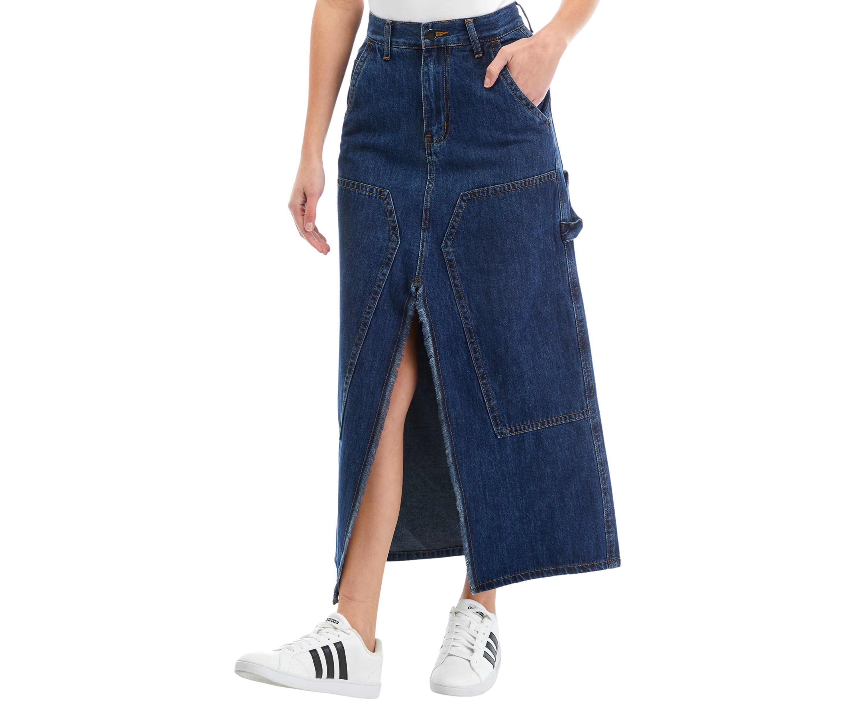Womens Front Slit Straight Line Denim Midi Skirt 