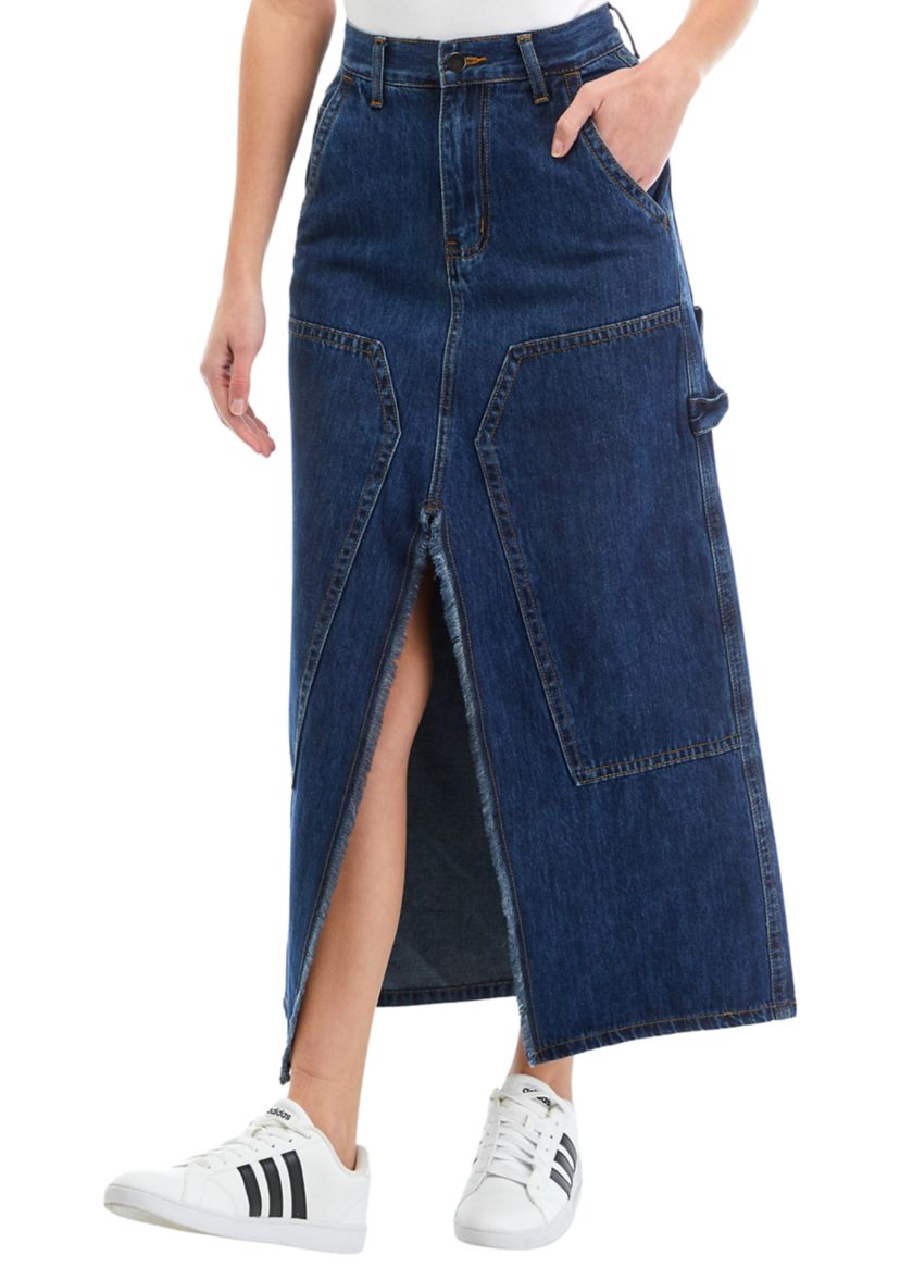 Womens Front Slit Straight Line Denim Midi Skirt 