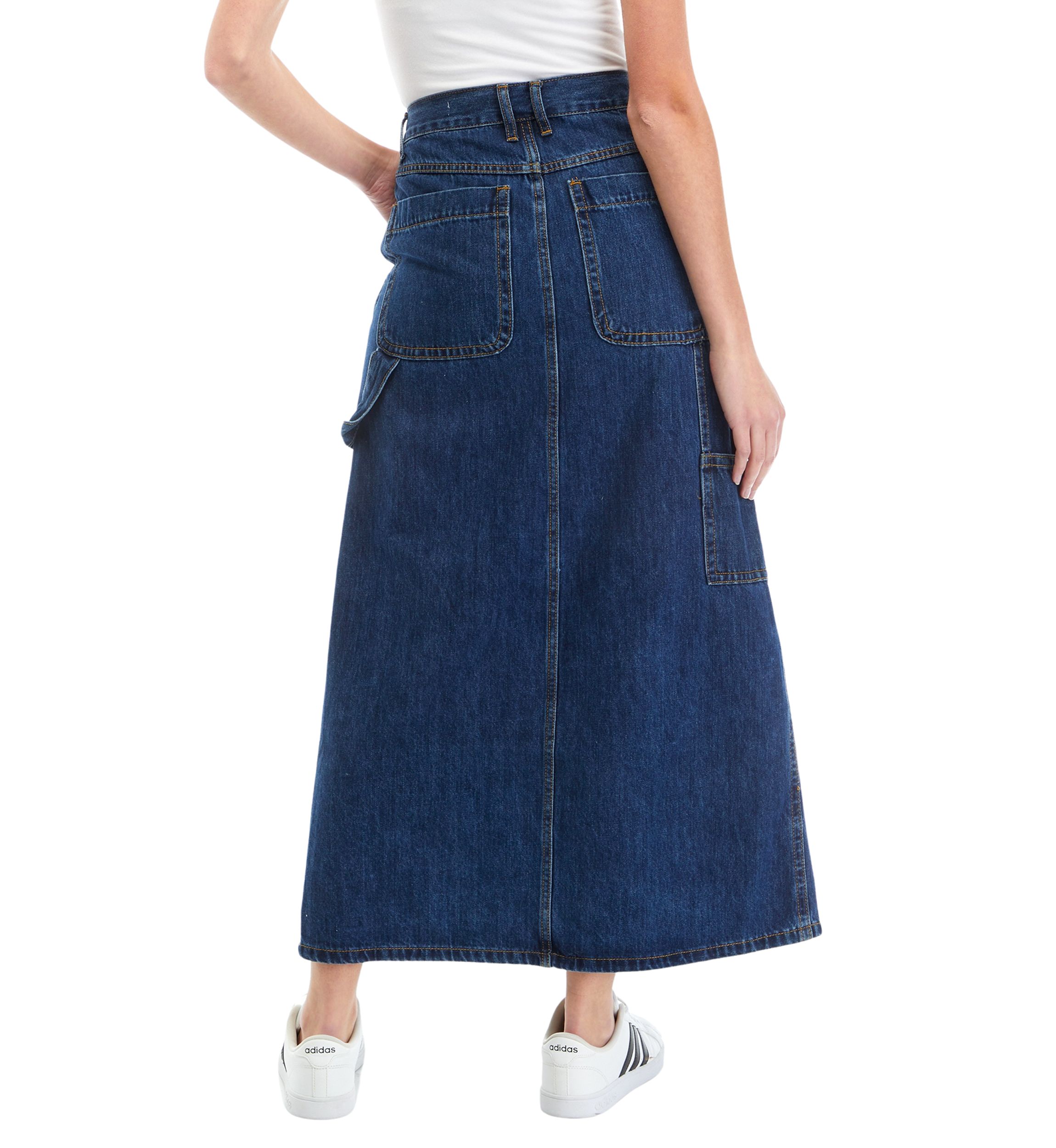 Womens Front Slit Straight Line Denim Midi Skirt 