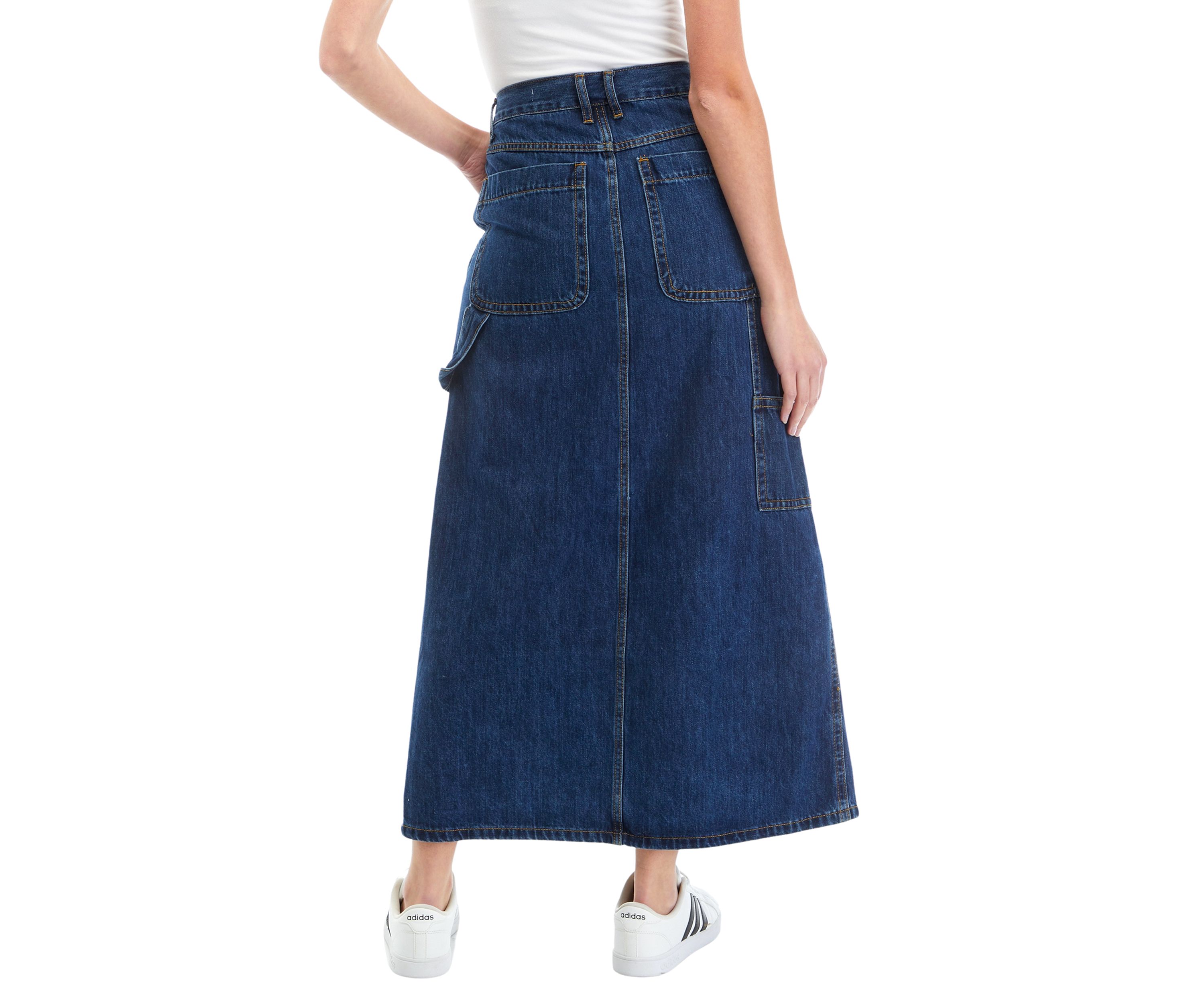 Womens Front Slit Straight Line Denim Midi Skirt 