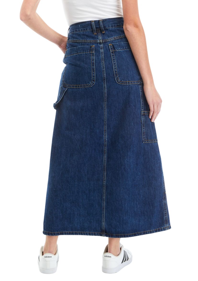 Womens Front Slit Straight Line Denim Midi Skirt 