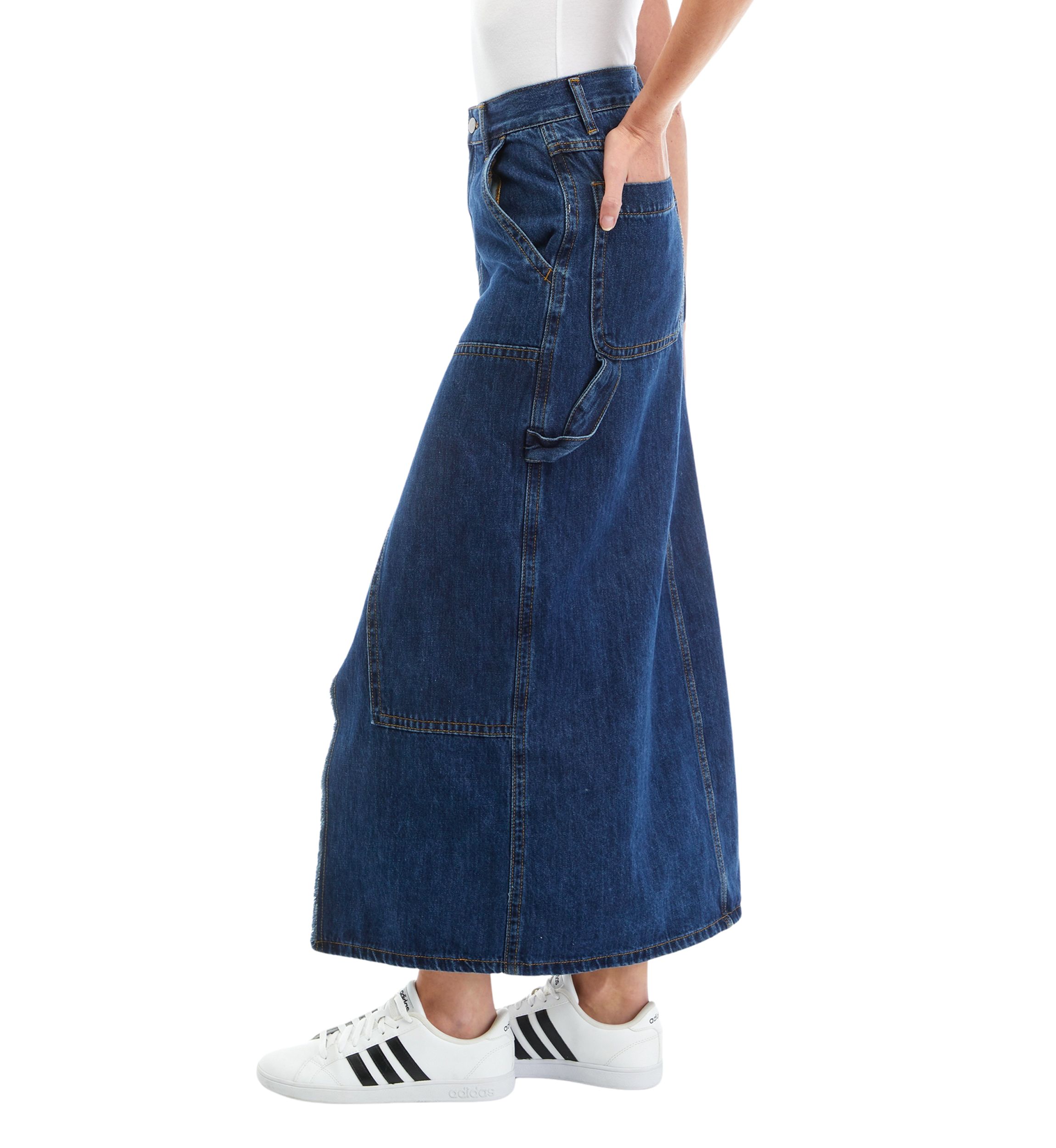 Womens Front Slit Straight Line Denim Midi Skirt 