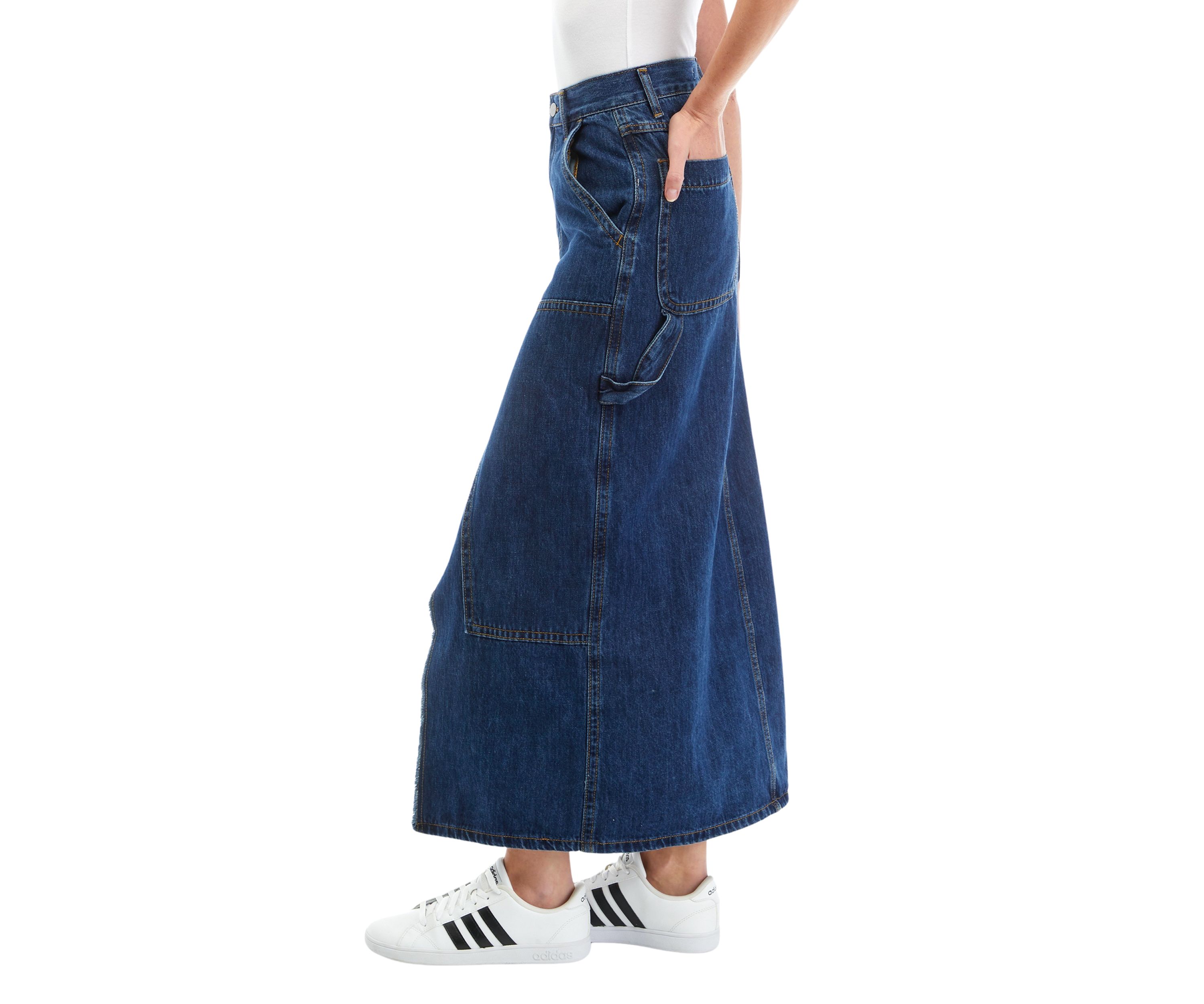 Womens Front Slit Straight Line Denim Midi Skirt 